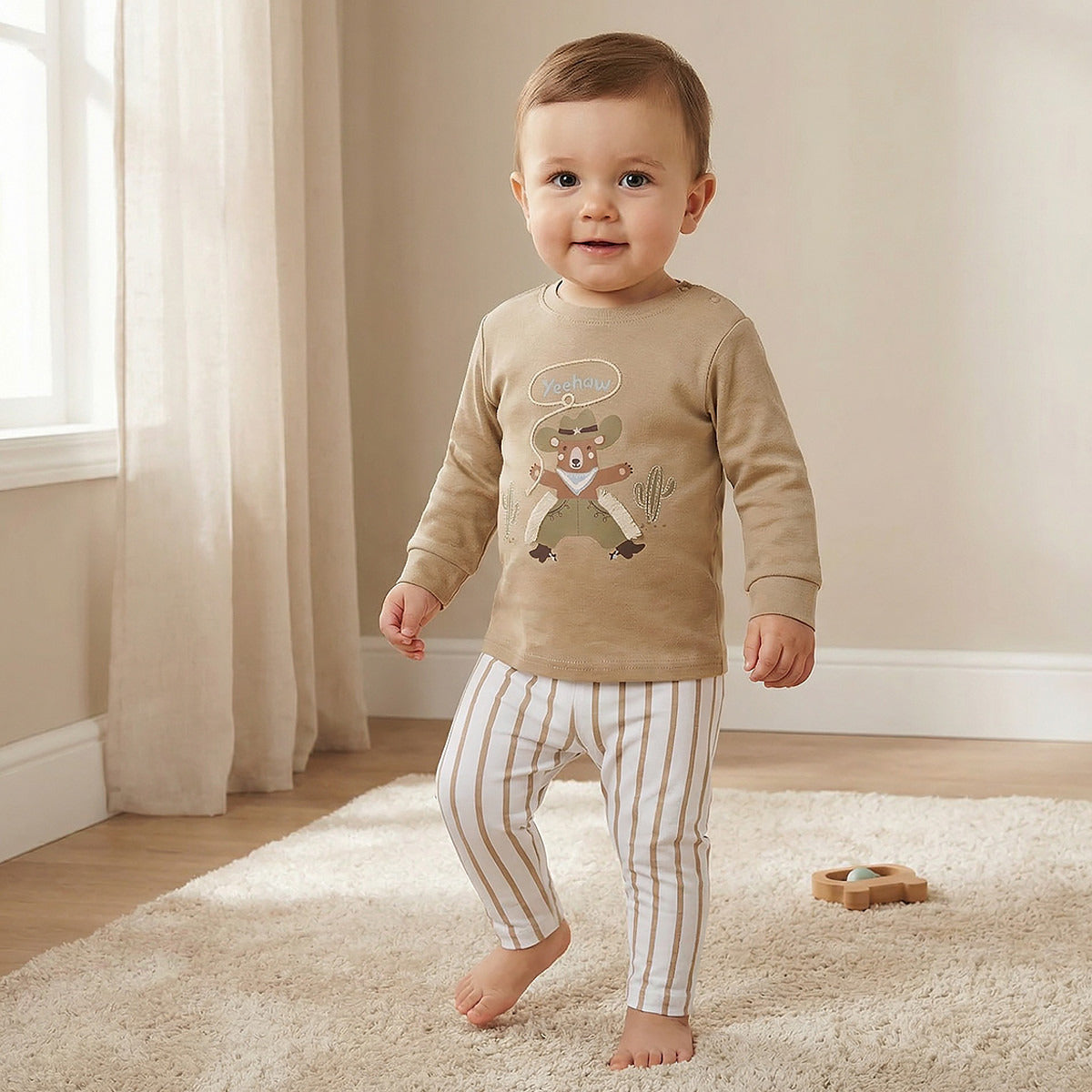 Juniors Cotton Round Neck Long Sleeves Pyjama Set with Bear Print - Beige / 18-24 mths