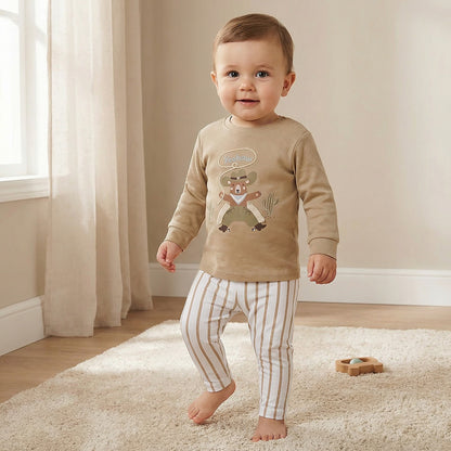Juniors Cotton Round Neck Long Sleeves Pyjama Set with Bear Print - Beige / 18-24 mths