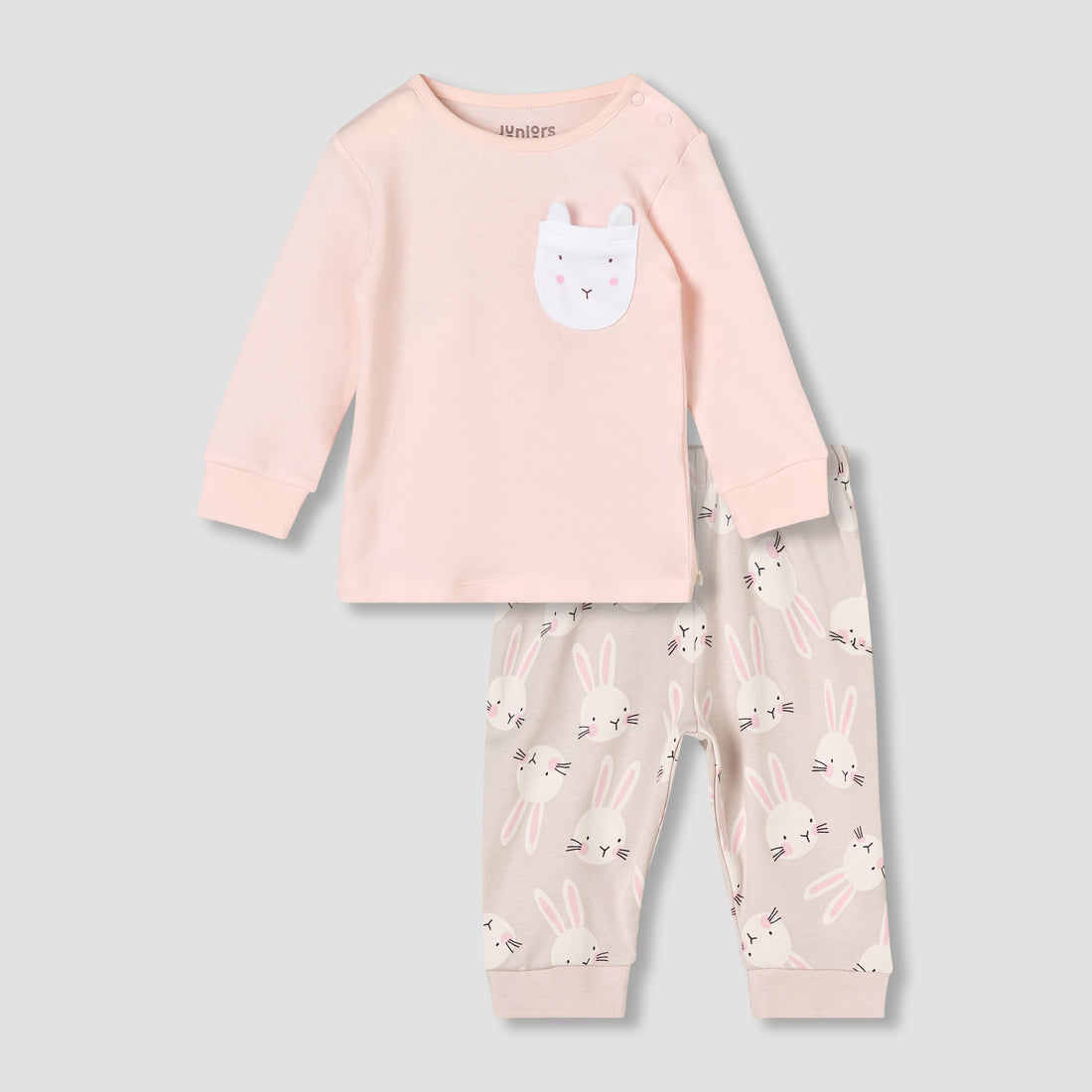 Juniors Cotton Round Neck Long Sleeve Pyjama Set with Bunny Print - Peach / 12-18 mths