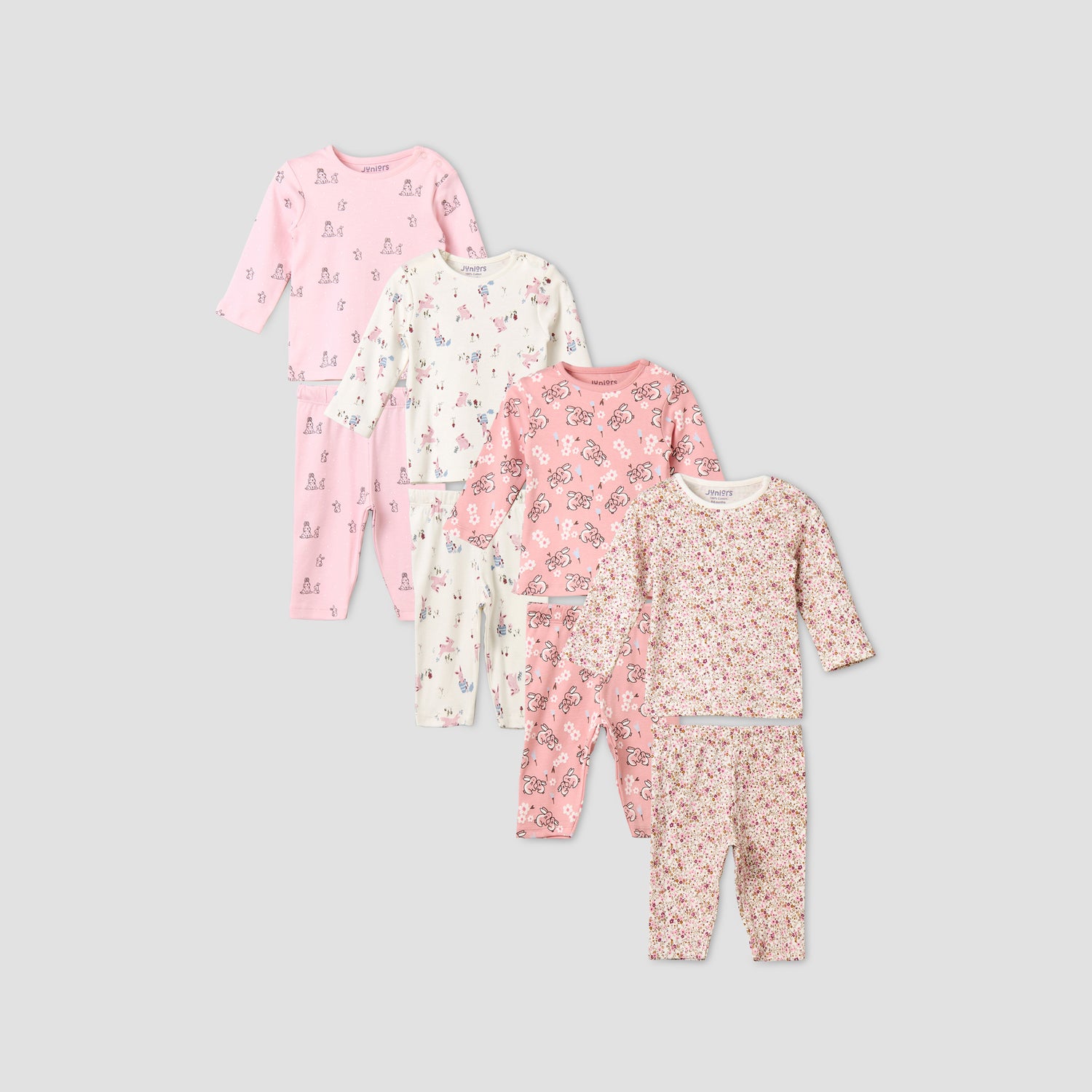 Pack of 4 Juniors Cotton Crew Neck Long Sleeves Pyjama Set with Fun Print - Pink / 12-18 mths