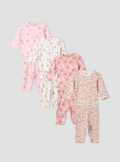 Pack of 4 Juniors Cotton Crew Neck Long Sleeves Pyjama Set with Fun Print-baby-girls-clothing-nightwear-pyjamasets-image-1