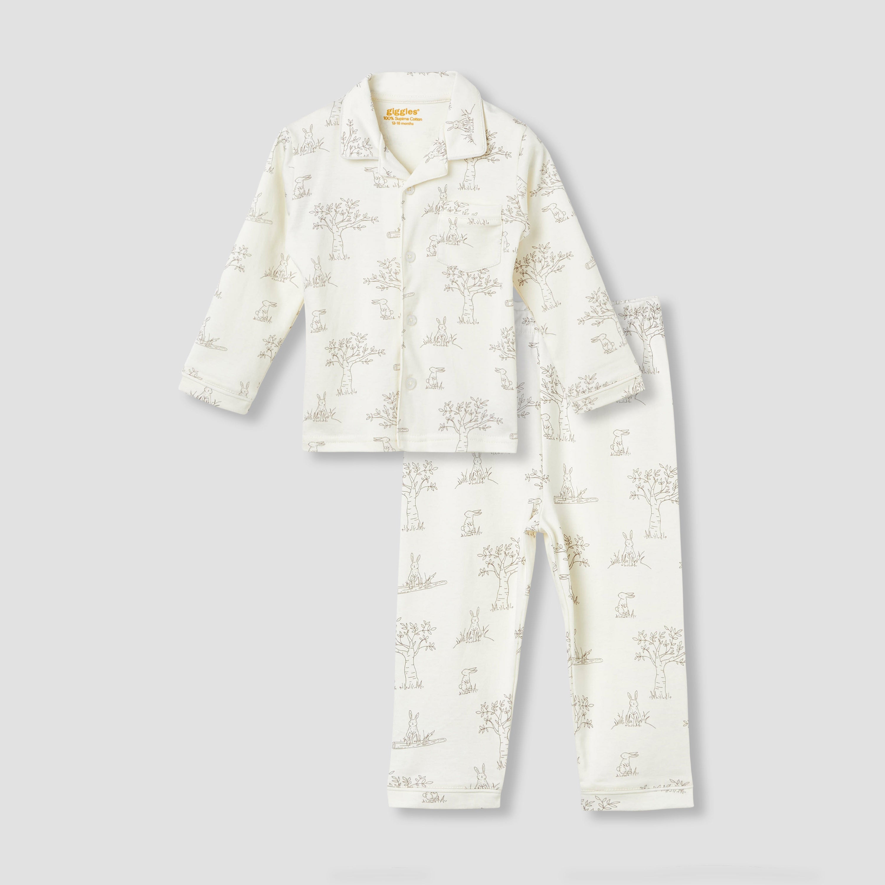 Giggles Rabbit Print Shirt and Pyjama Set - Cream / 12-18 mths
