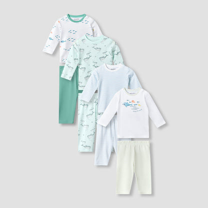 Set of 4 Juniors Cotton Round Neck Long Sleeves Pyjama Set with Print - Green / 12-18 mths