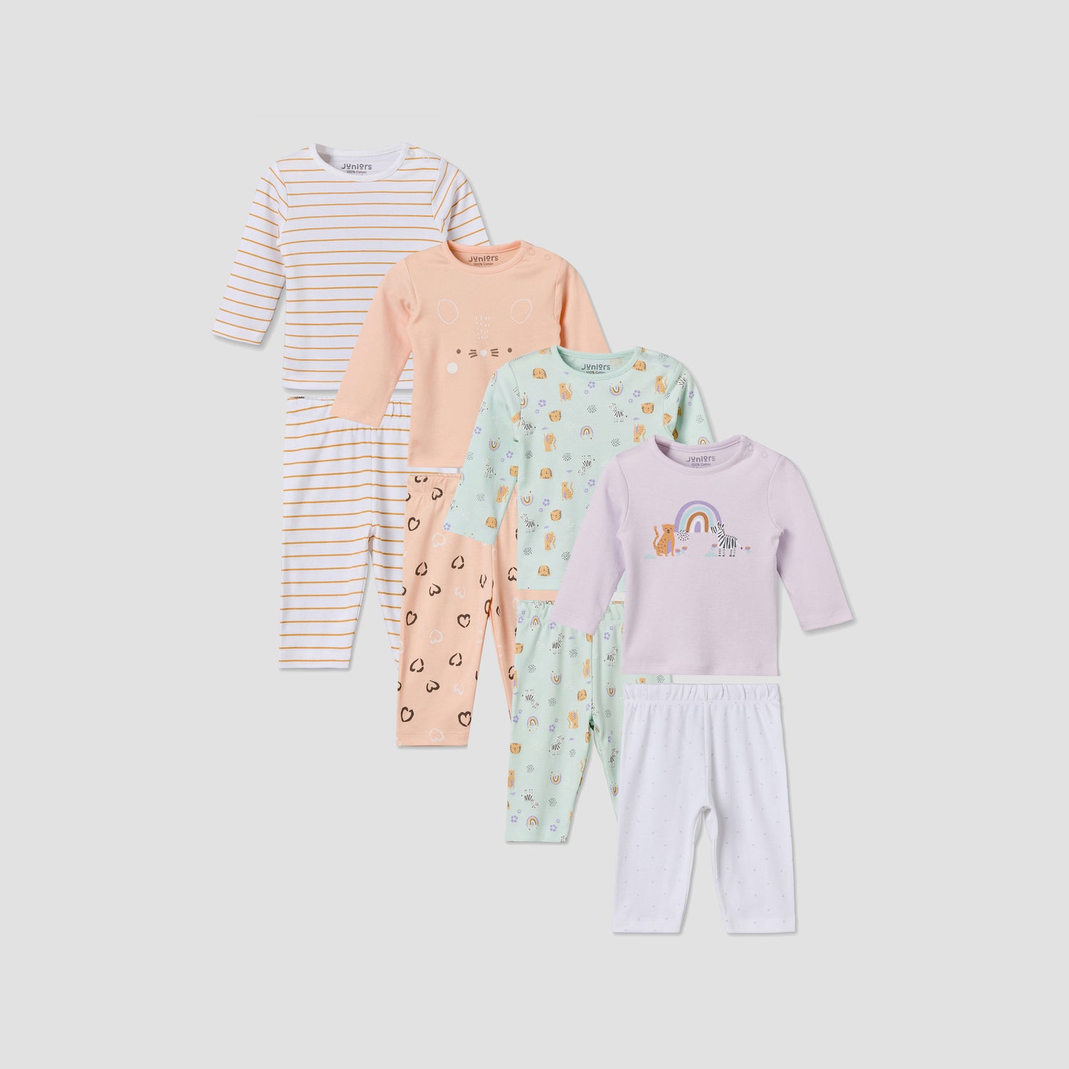 Set of 4 Juniors Cotton Crew Neck Long Sleeve Pyjama Set with Assorted Print - Multicolour / 12-18 mths