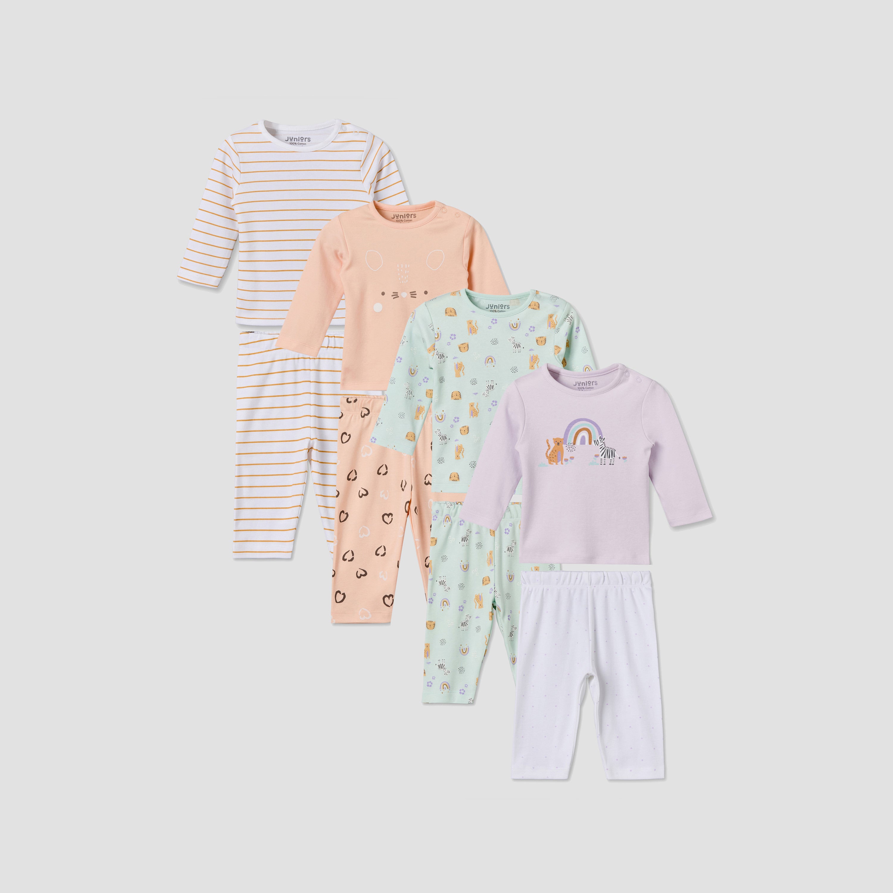 Set of 4 Juniors Cotton Crew Neck Long Sleeve Pyjama Set with Assorted Print - Multicolour / 12-18 mths