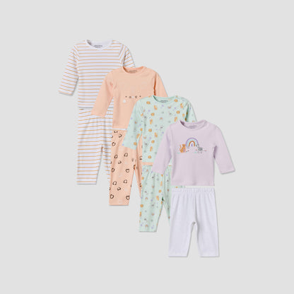 Set of 4 Juniors Cotton Crew Neck Long Sleeve Pyjama Set with Assorted Print - Multicolour / 12-18 mths