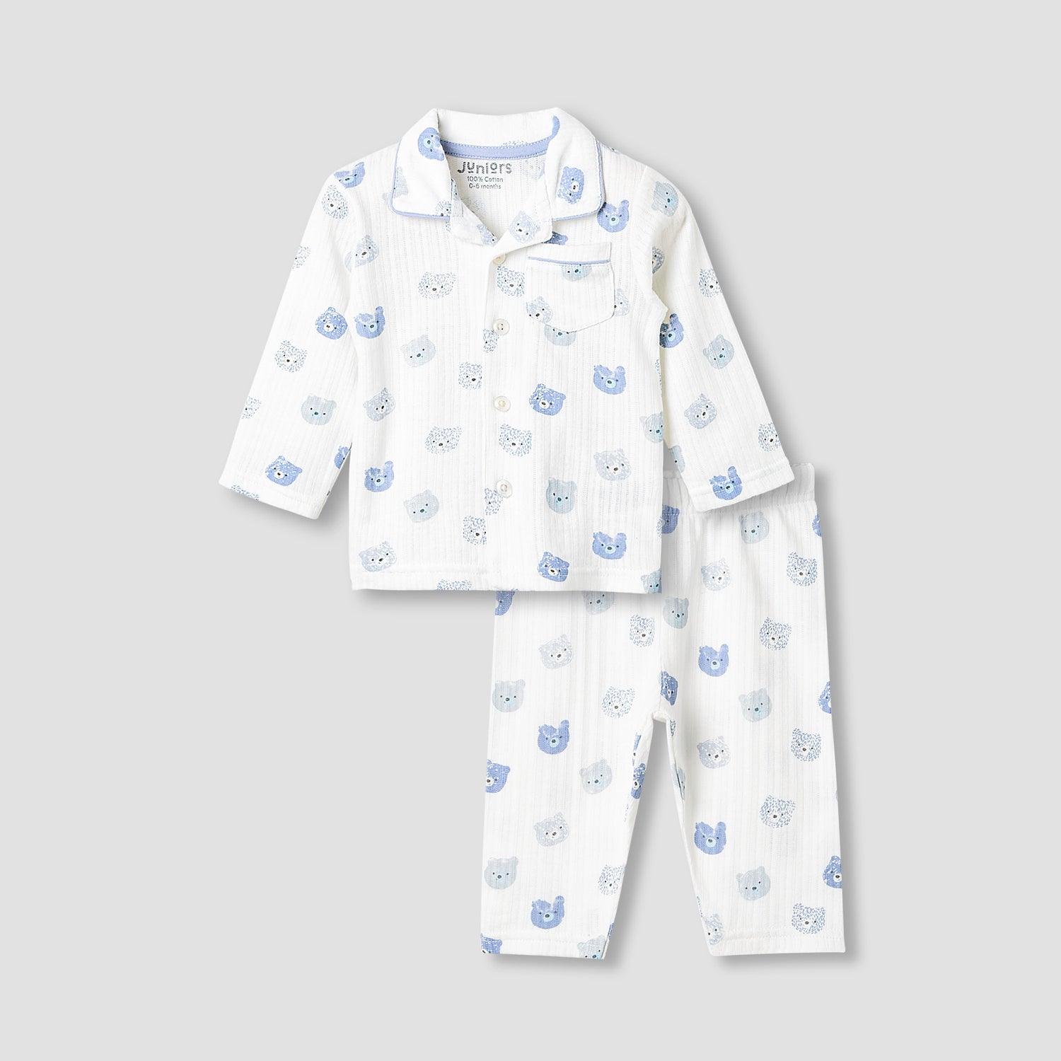 Juniors Pyjama Set with Bear Print - Cotton - Long Sleeves - Collar - Green / 12-18 mths