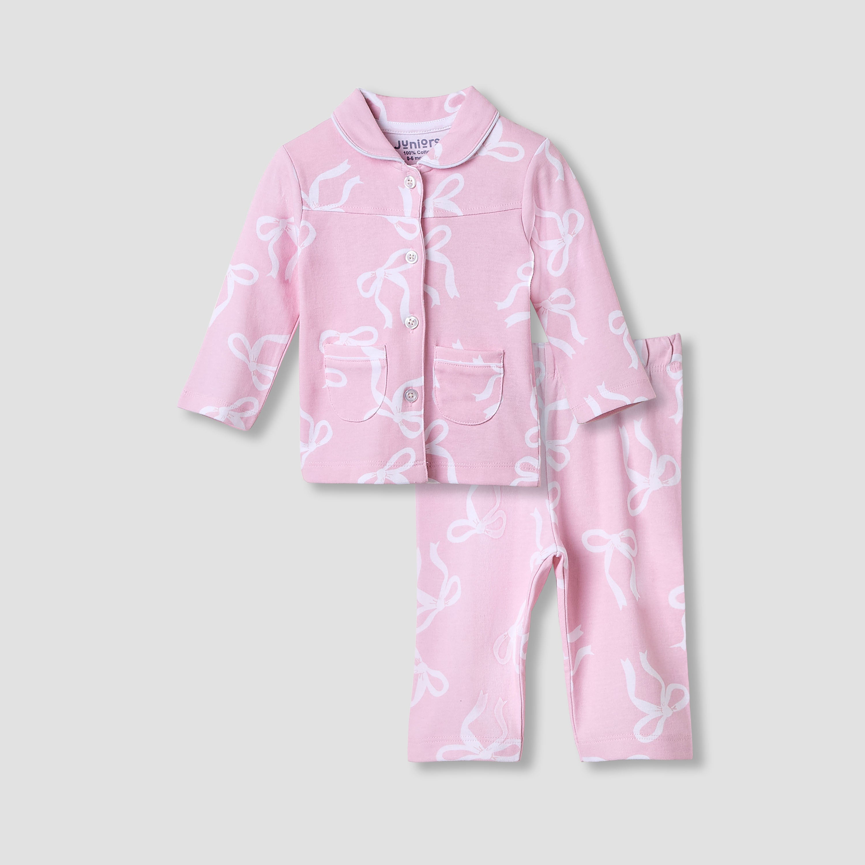 Juniors Pyjama Set with Bow Print - Cotton - Long Sleeves - Collared - Pink / 12-18 mths