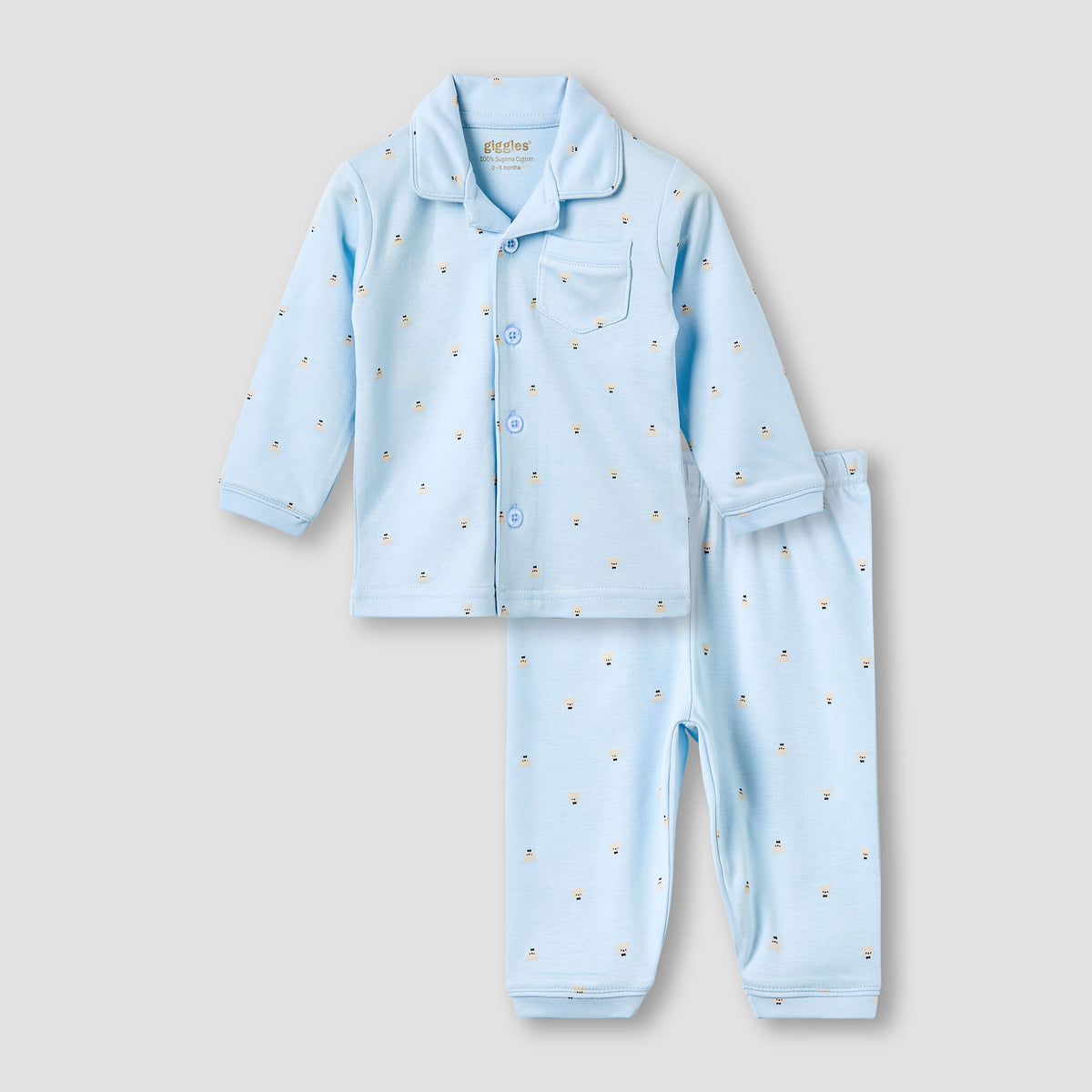 Giggles Pyjama Set with Pocket - Cotton - Long Sleeves - Collared Neck