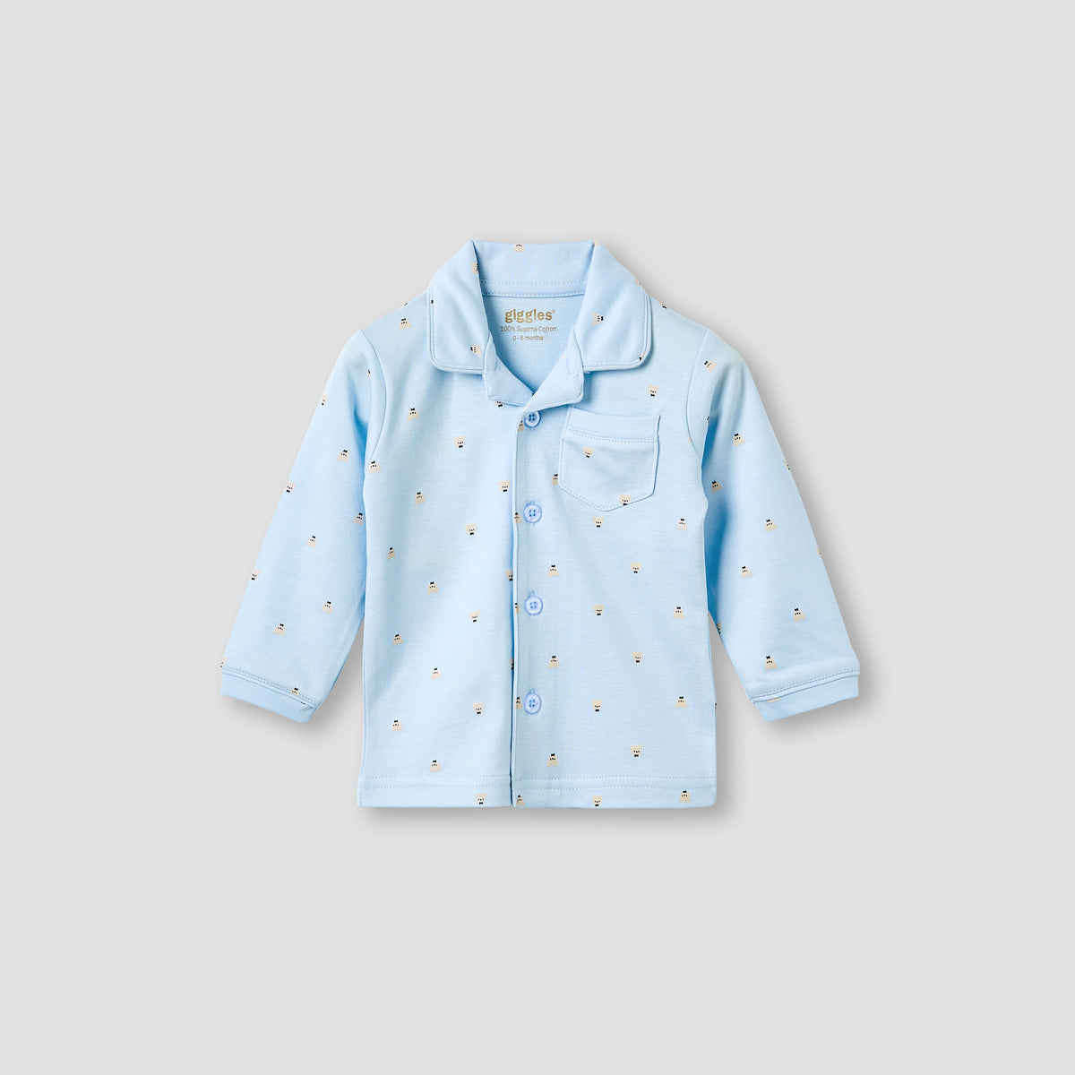 Giggles Pyjama Set with Pocket - Cotton - Long Sleeves - Collared Neck