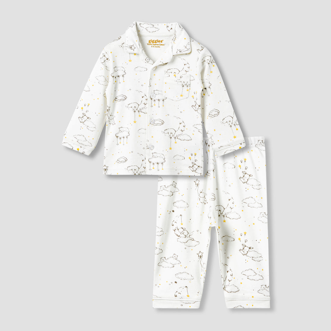 Giggles Pyjama Set with Print - Cotton - Long Sleeves - Collar - White / 12-18 mths