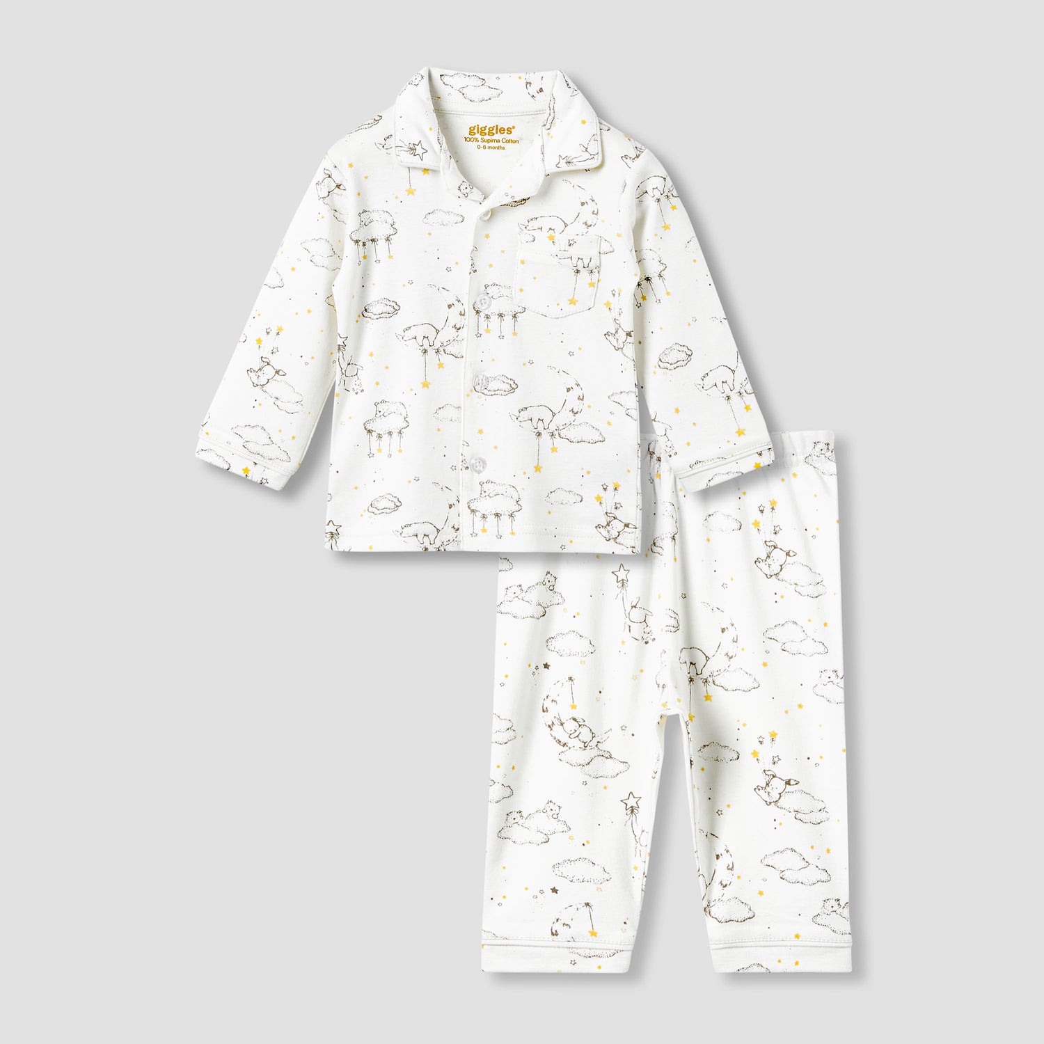 Giggles Pyjama Set with Print - Cotton - Long Sleeves - Collar - White / 12-18 mths