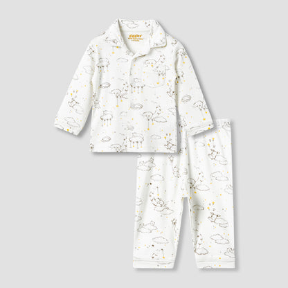 Giggles Pyjama Set with Print - Cotton - Long Sleeves - Collar - White / 12-18 mths