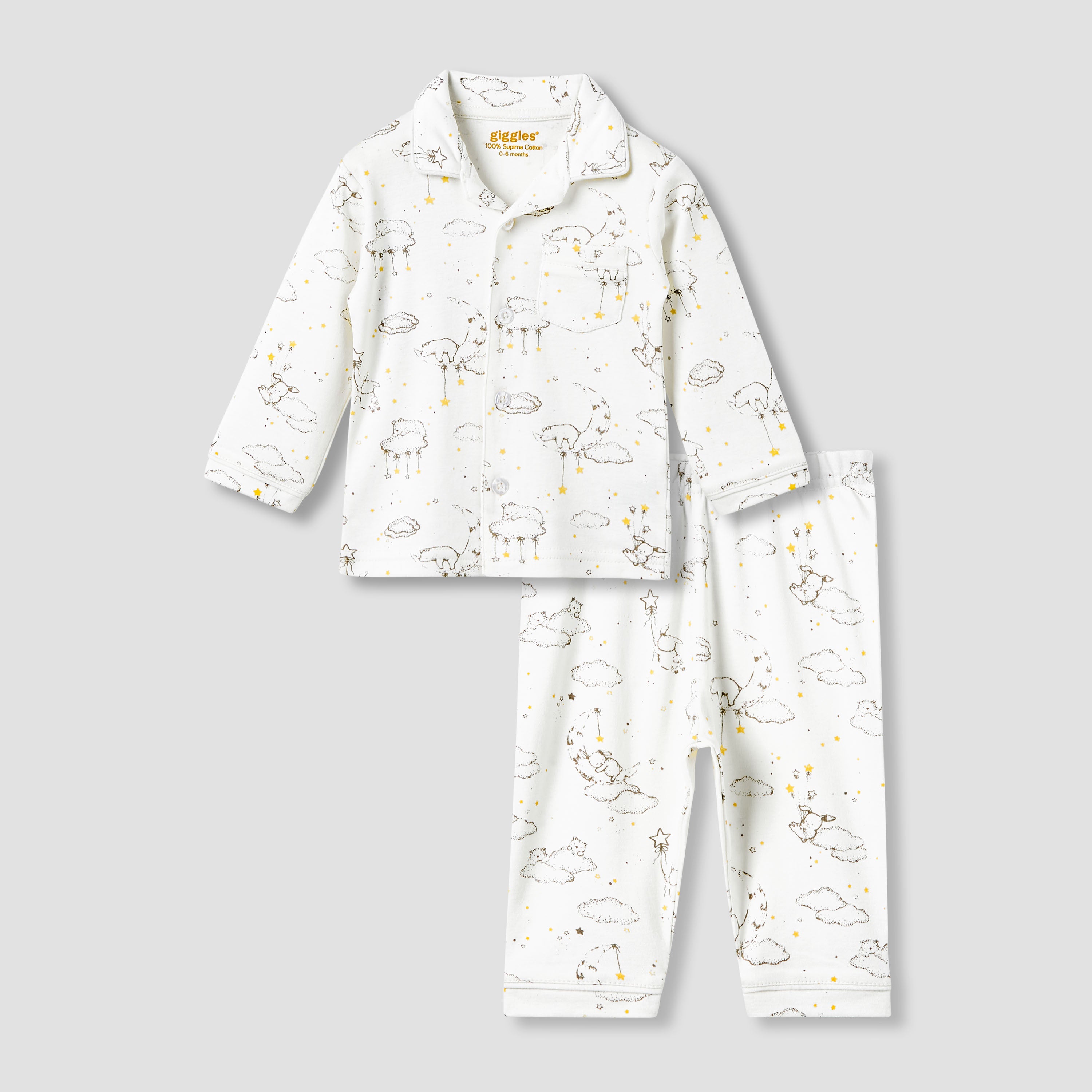 Giggles Pyjama Set with Print - Cotton - Long Sleeves - Collar