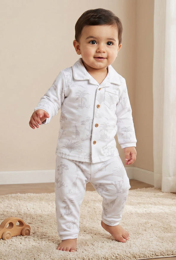 Giggles Cotton Collared Long Sleeves Pyjama Set with Forest Print