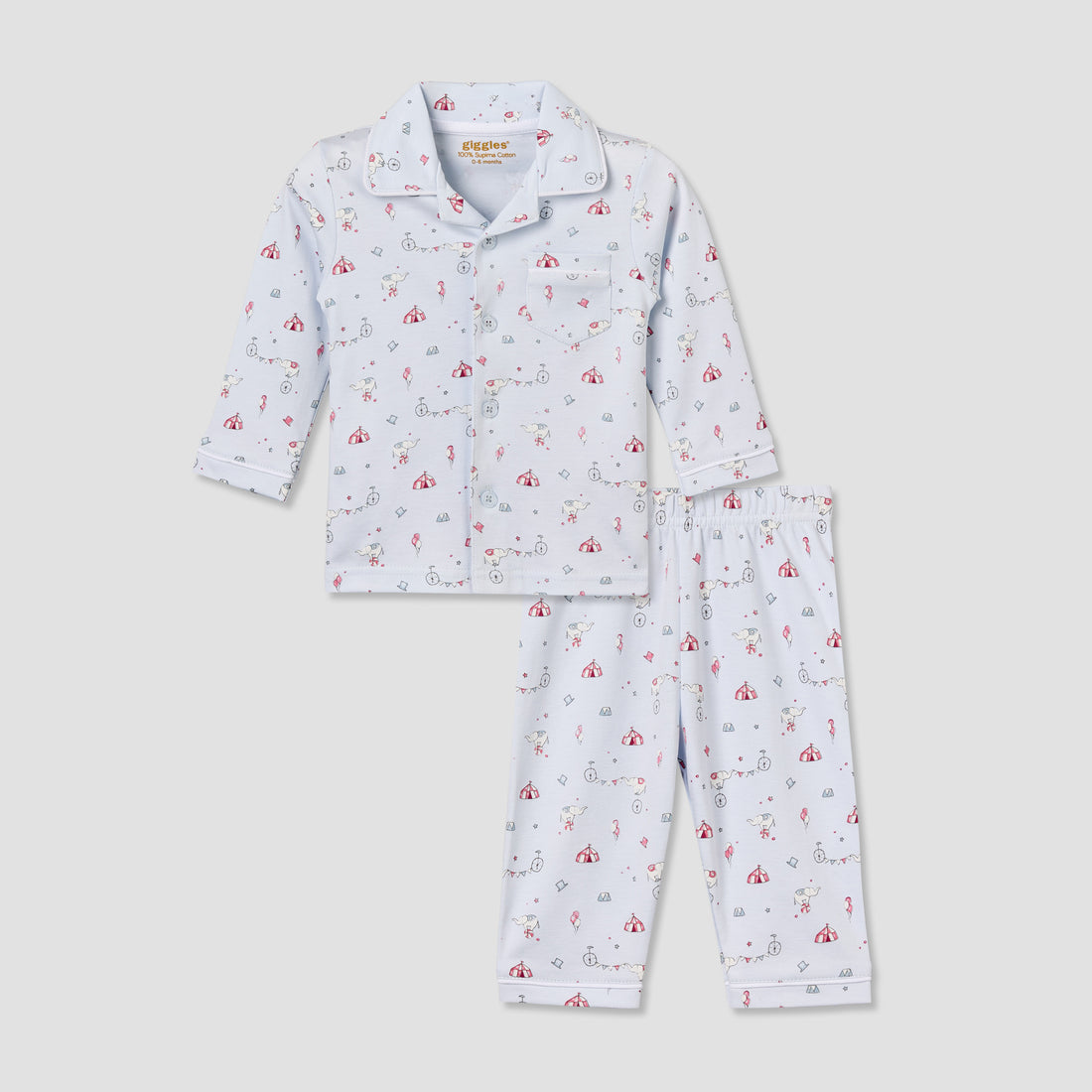 Giggles Cotton Collared Long Sleeves Pyjama Set with Circus Print