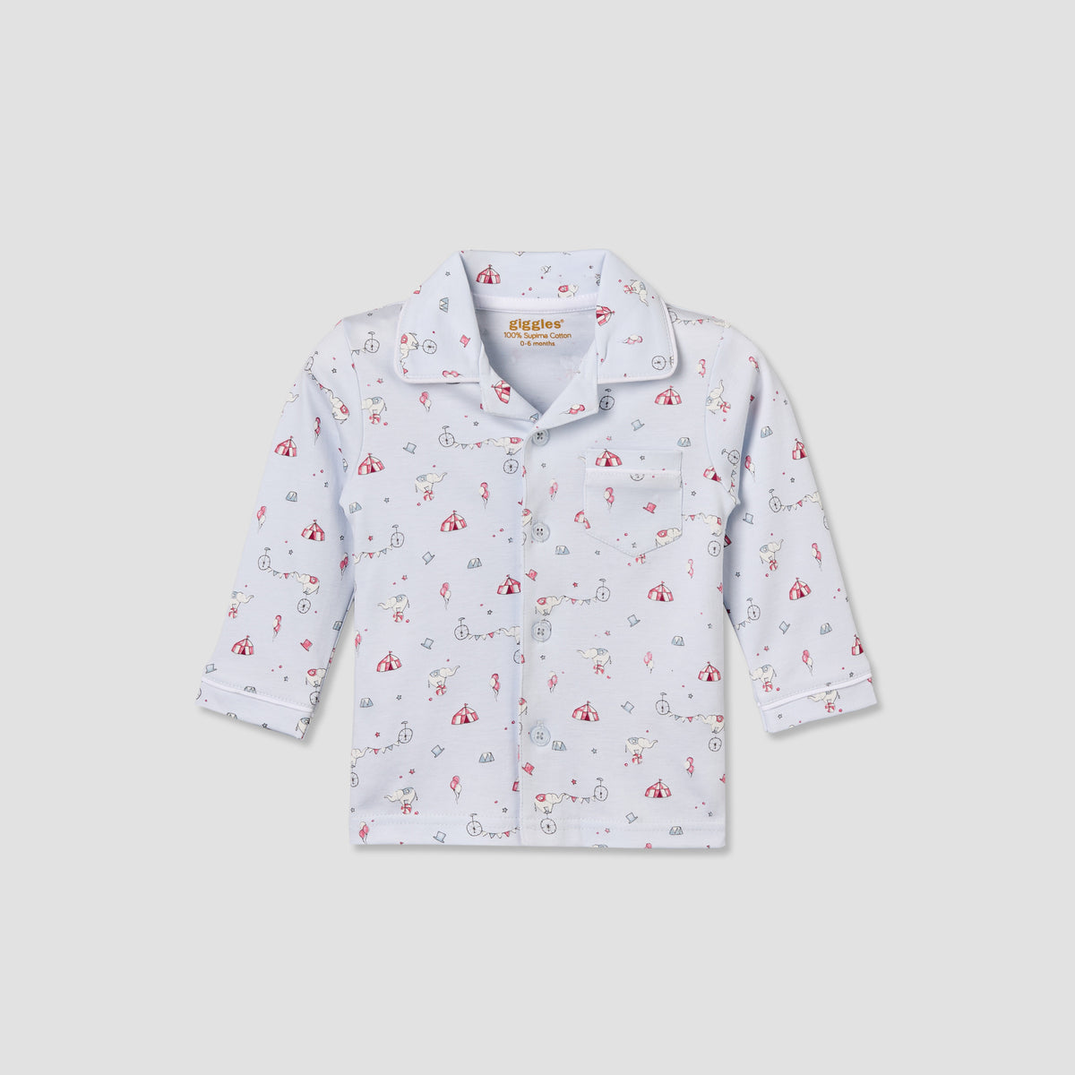 Giggles Cotton Collared Long Sleeves Pyjama Set with Circus Print