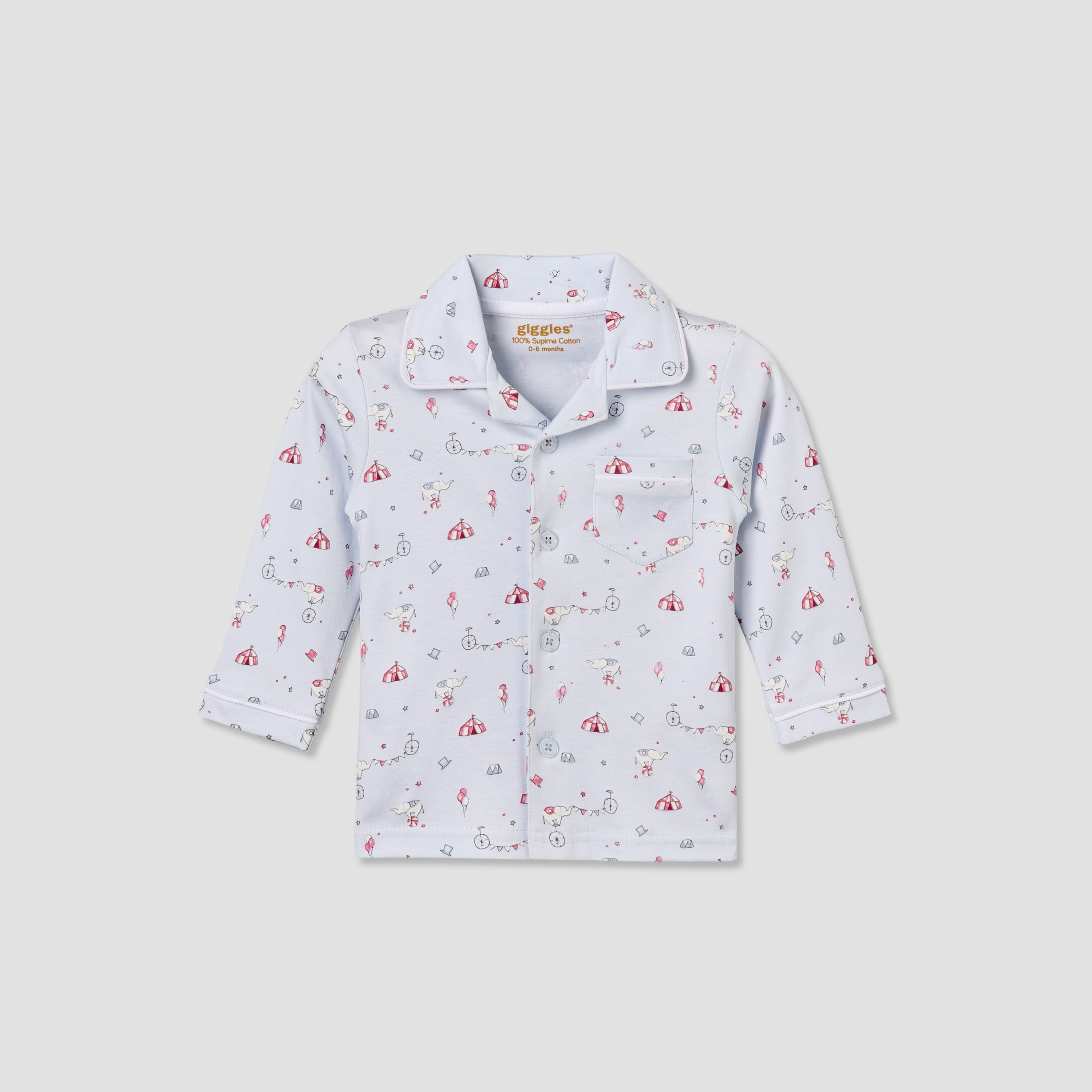 Giggles Cotton Collared Long Sleeves Pyjama Set with Circus Print