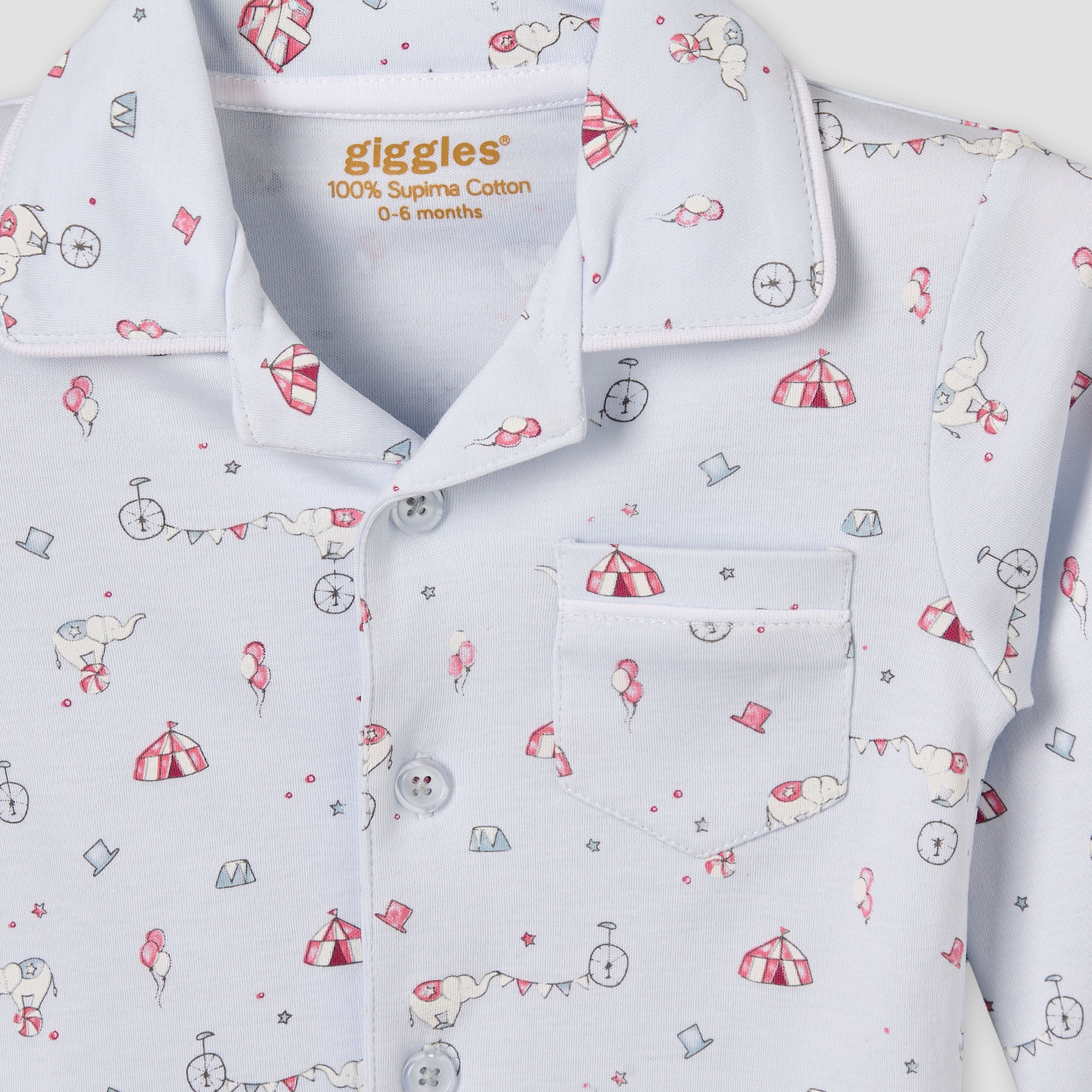 Giggles Cotton Collared Long Sleeves Pyjama Set with Circus Print