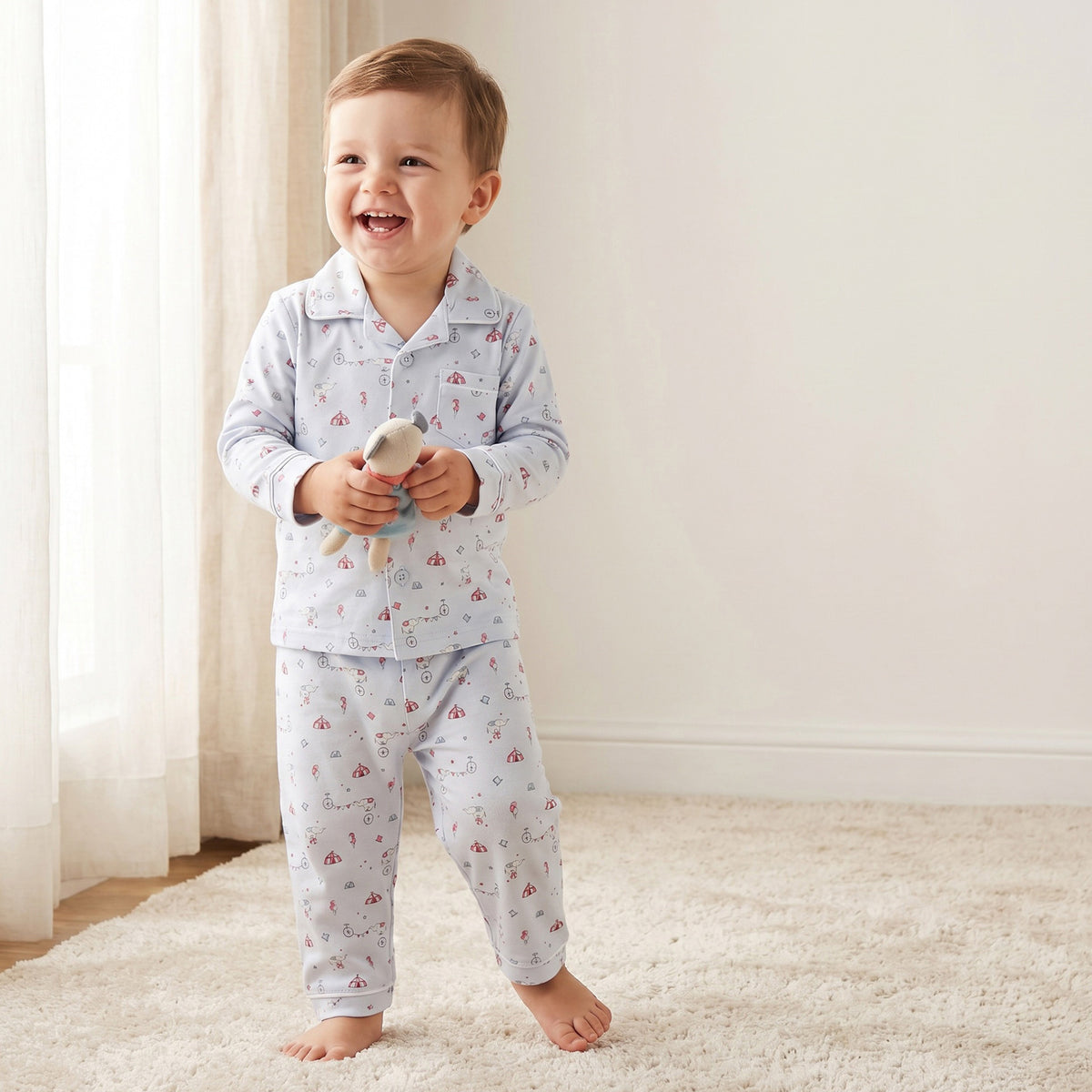 Giggles Cotton Collared Long Sleeves Pyjama Set with Circus Print