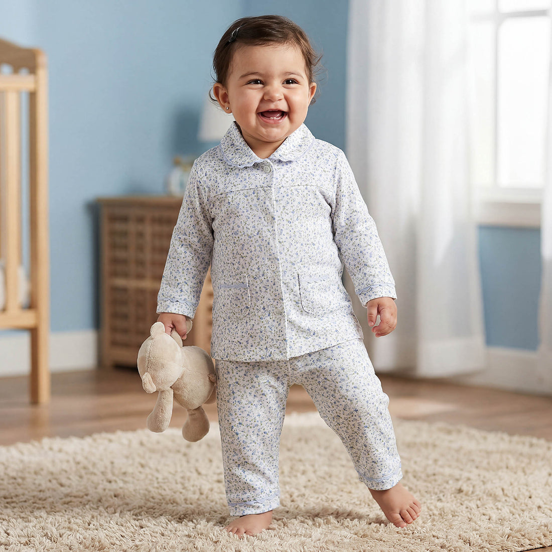 Giggles Cotton Collared Long Sleeves Pyjama Set with Floral Print - Blue / 12-18 mths