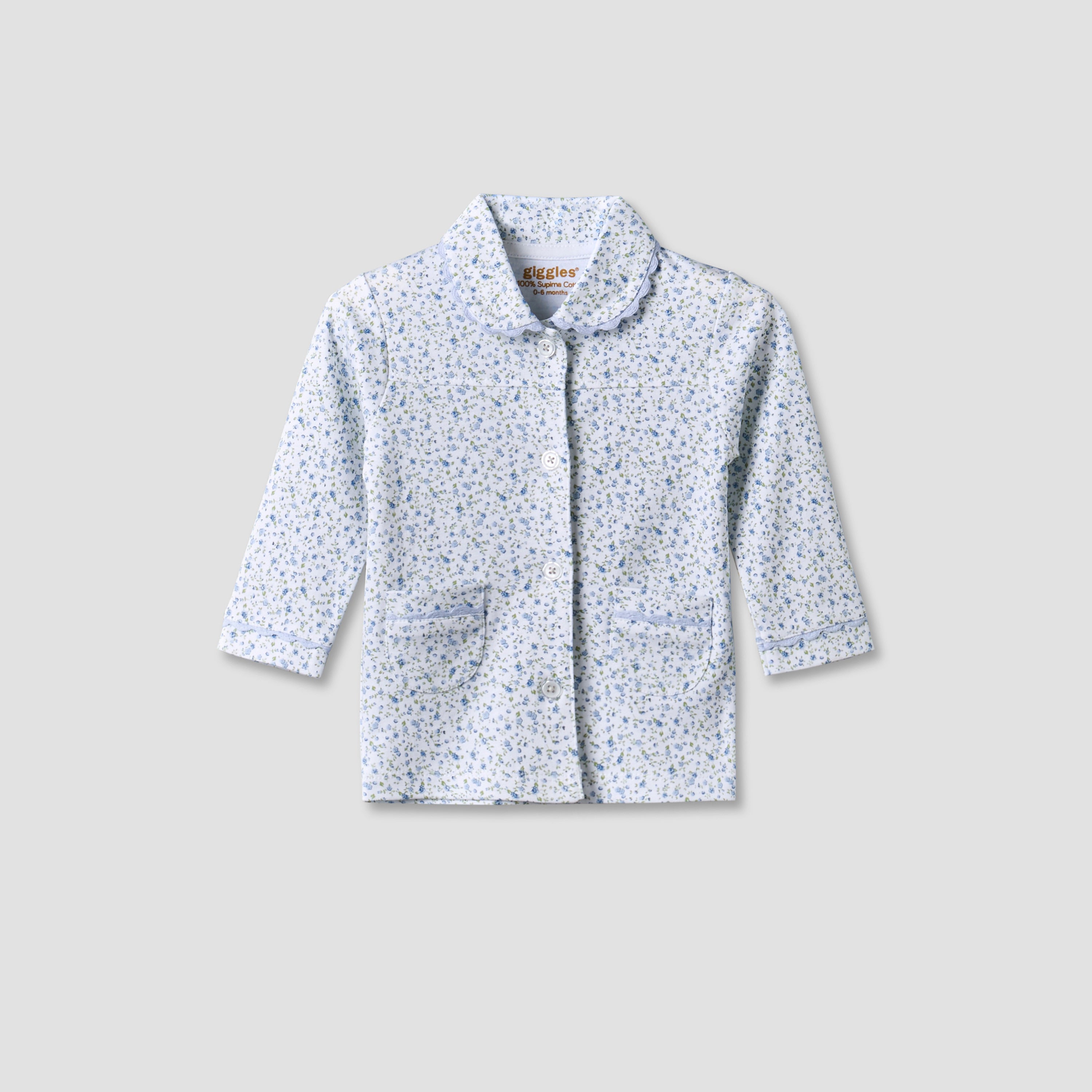 Giggles Cotton Collared Long Sleeves Pyjama Set with Floral Print