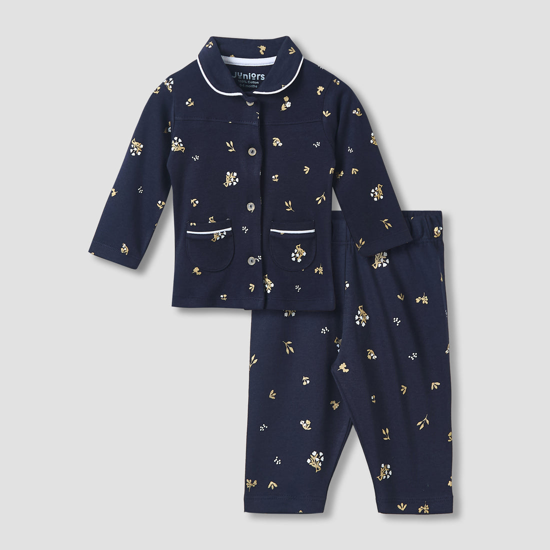 Juniors Pyjama Set with Floral Print - Cotton - Long Sleeves - Collar - Blue / 18-24 mths