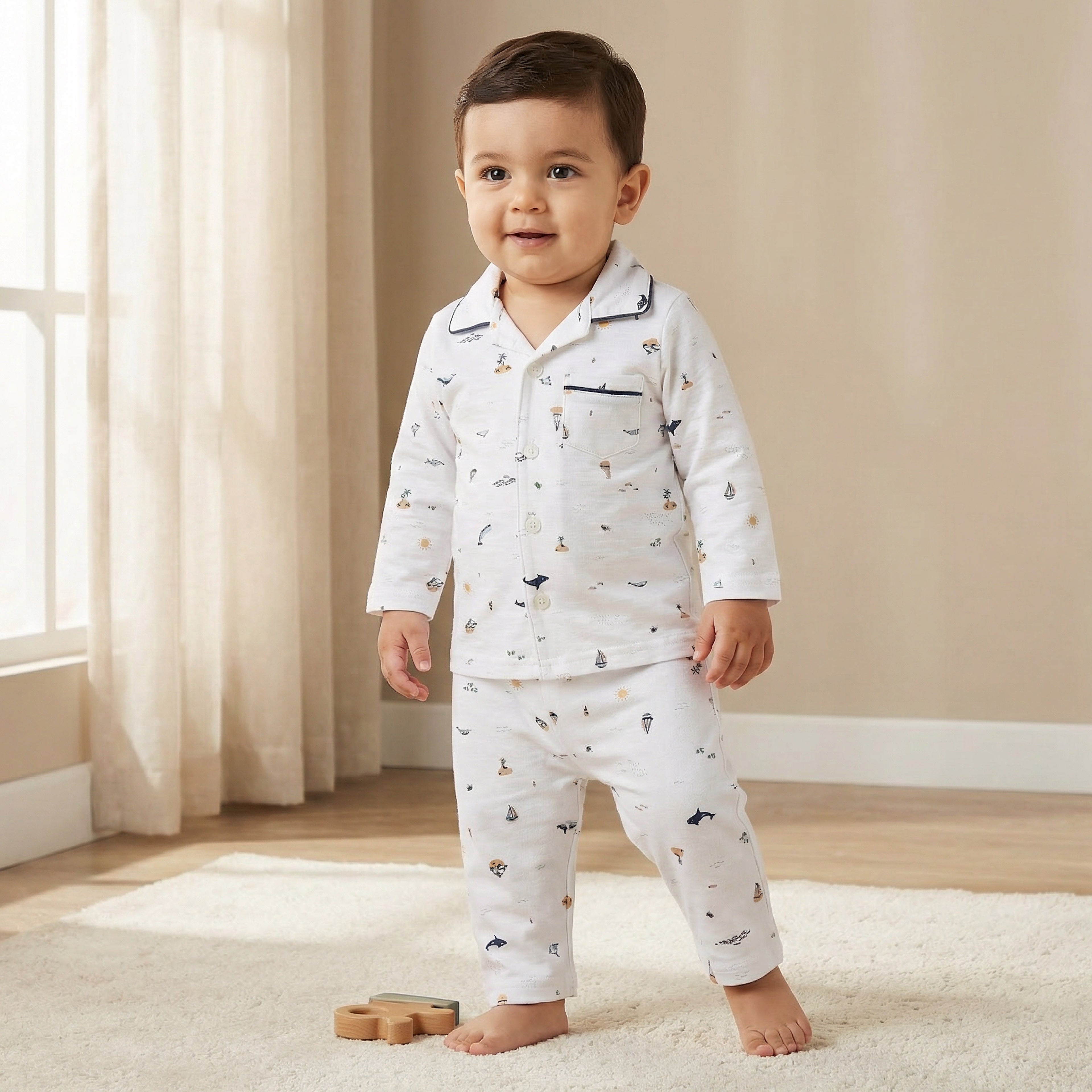 Juniors Cotton Collared Long Sleeves Pyjama Set with Beach Print