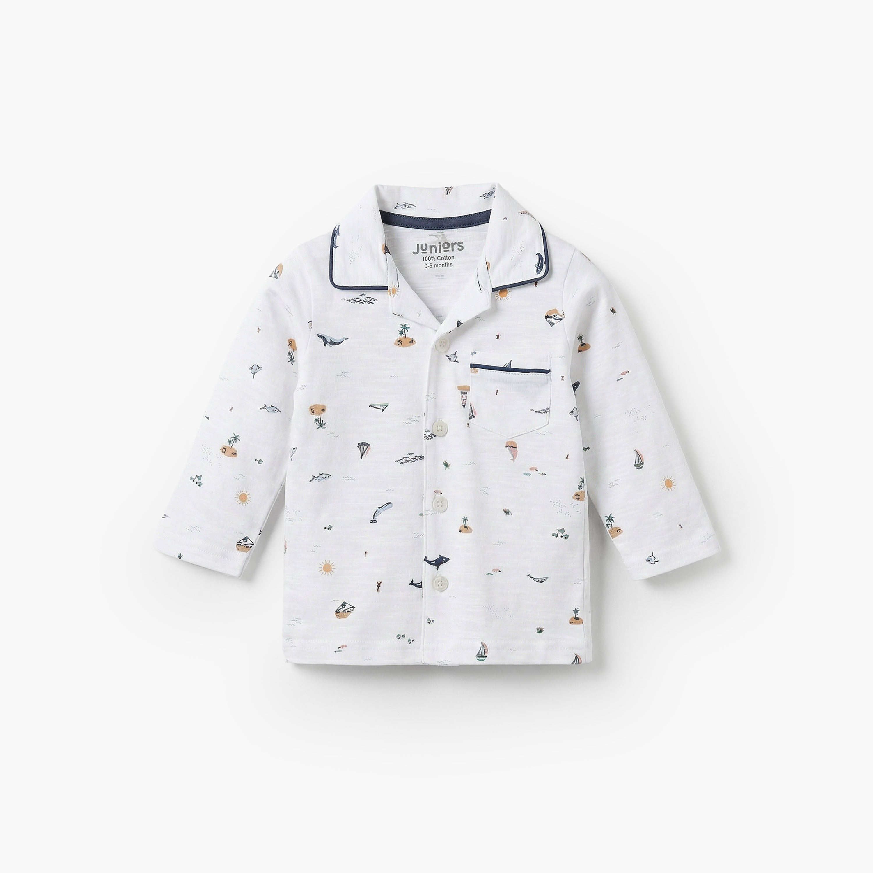 Juniors Cotton Collared Long Sleeves Pyjama Set with Beach Print