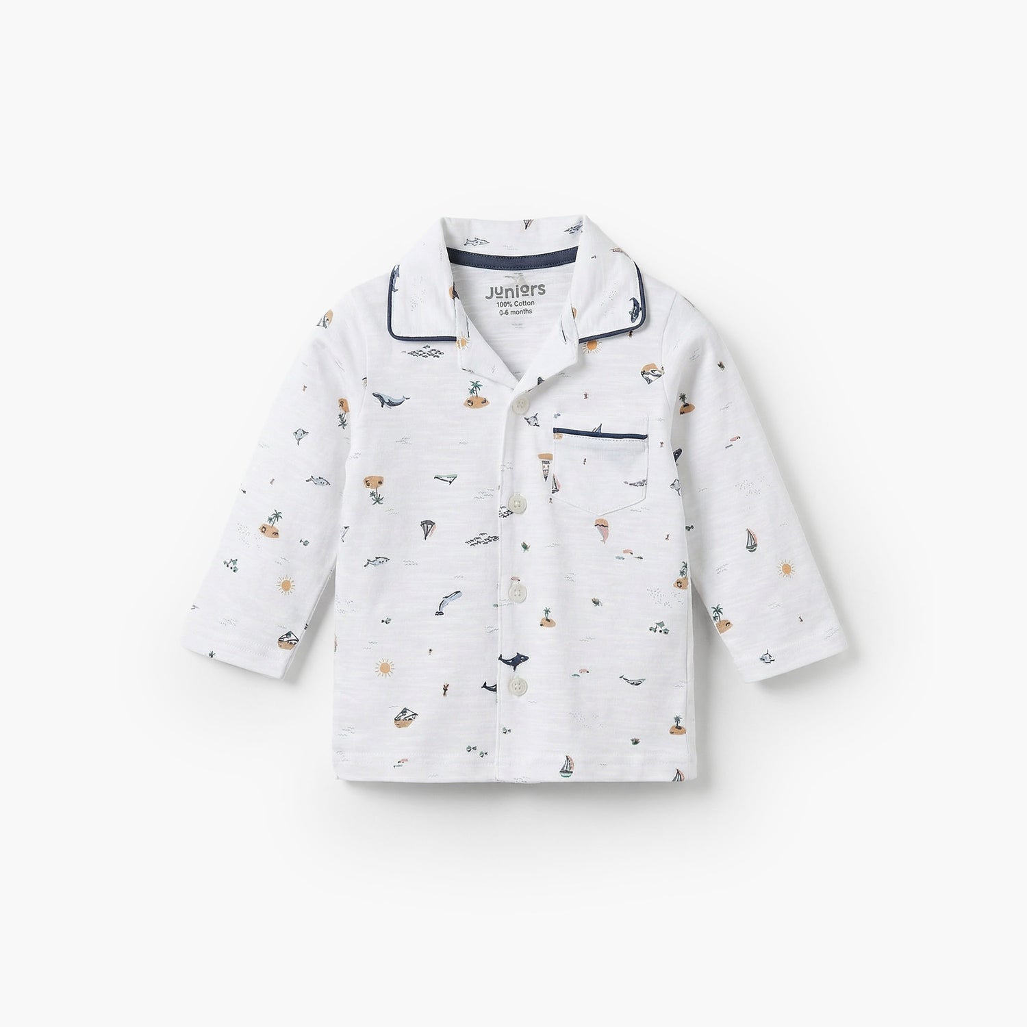 Juniors Cotton Collared Long Sleeves Pyjama Set with Beach Print