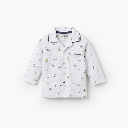 Juniors Cotton Collared Long Sleeves Pyjama Set with Beach Print