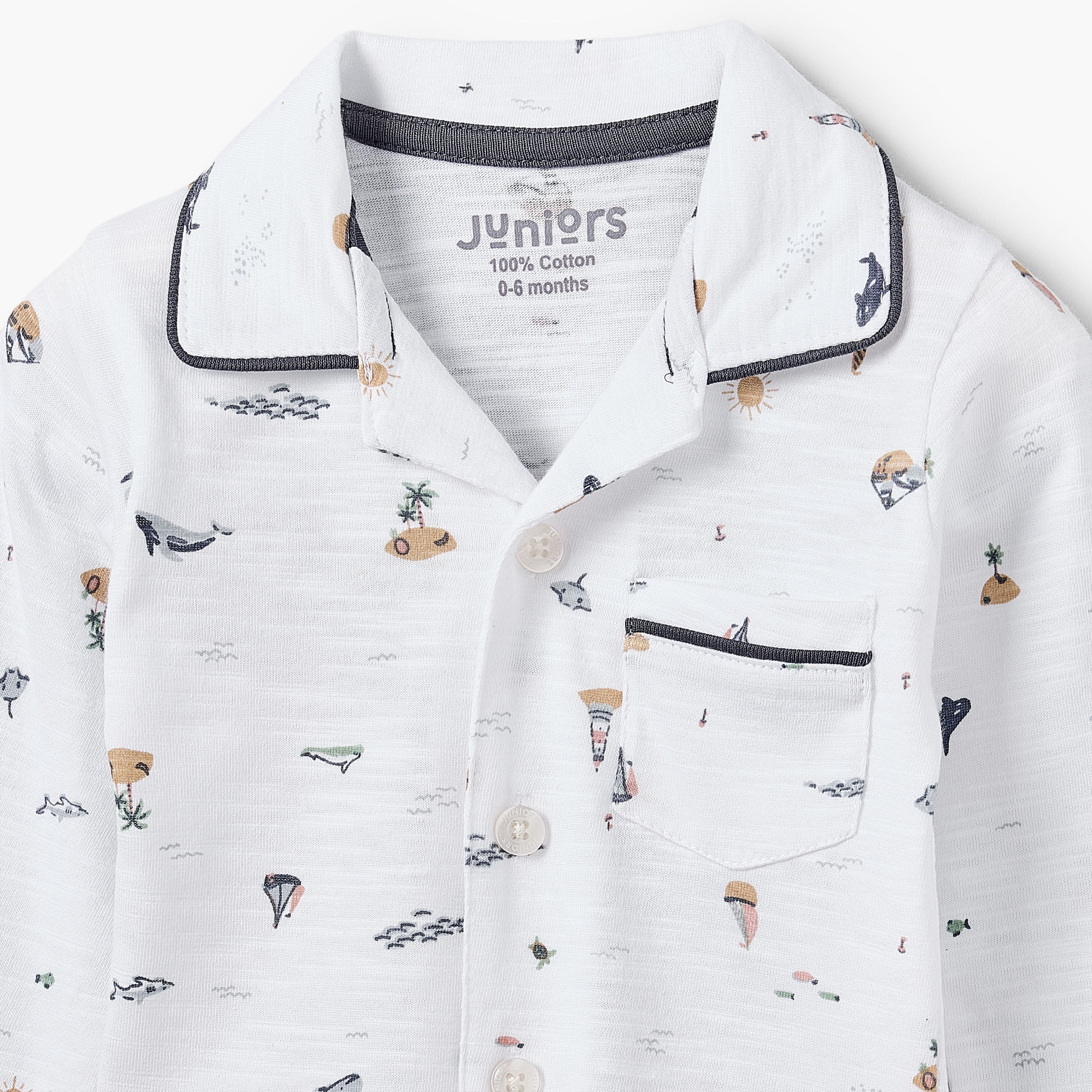 Juniors Cotton Collared Long Sleeves Pyjama Set with Beach Print