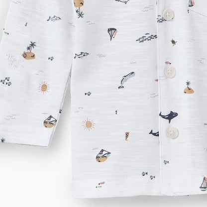Juniors Cotton Collared Long Sleeves Pyjama Set with Beach Print
