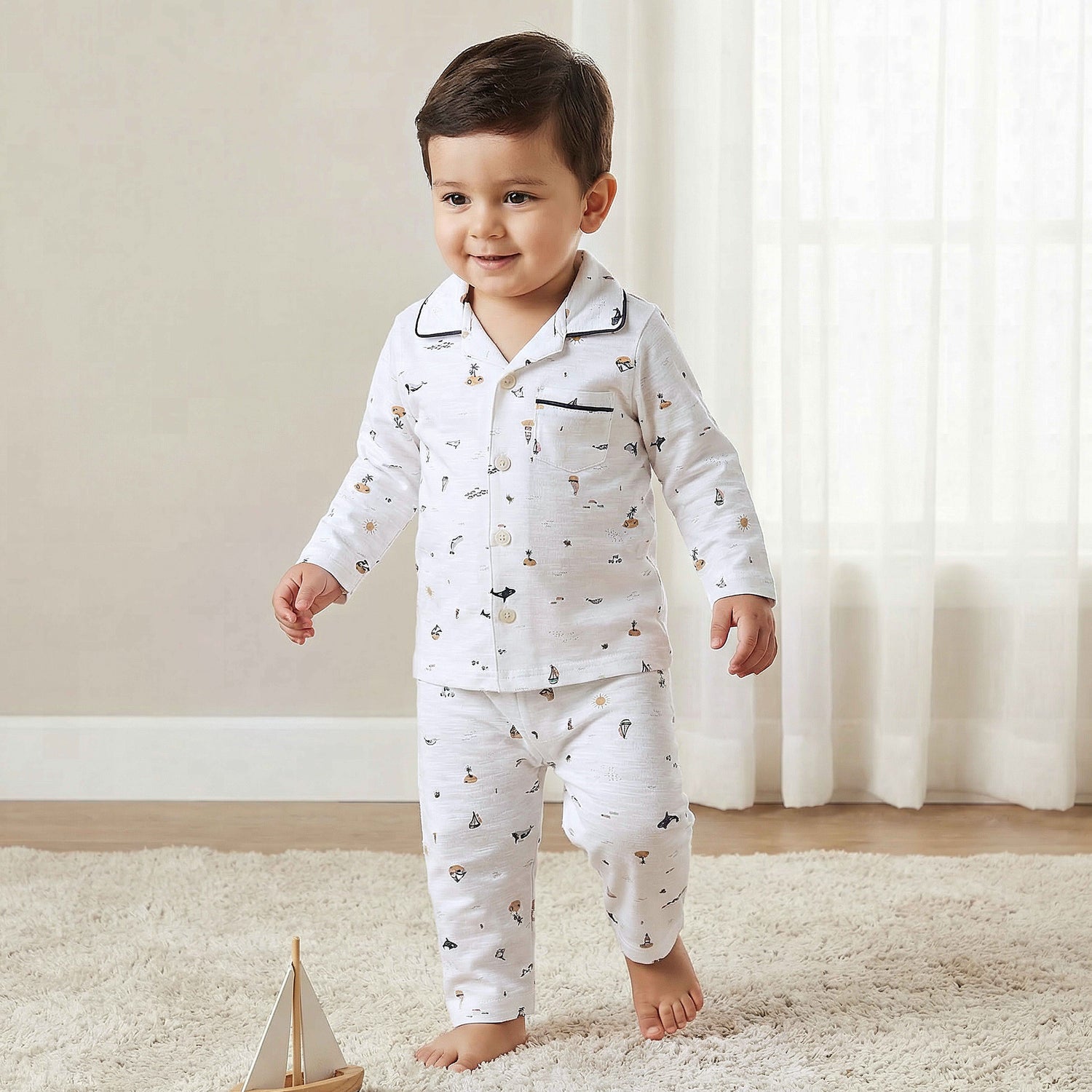 Juniors Cotton Collared Long Sleeves Pyjama Set with Beach Print