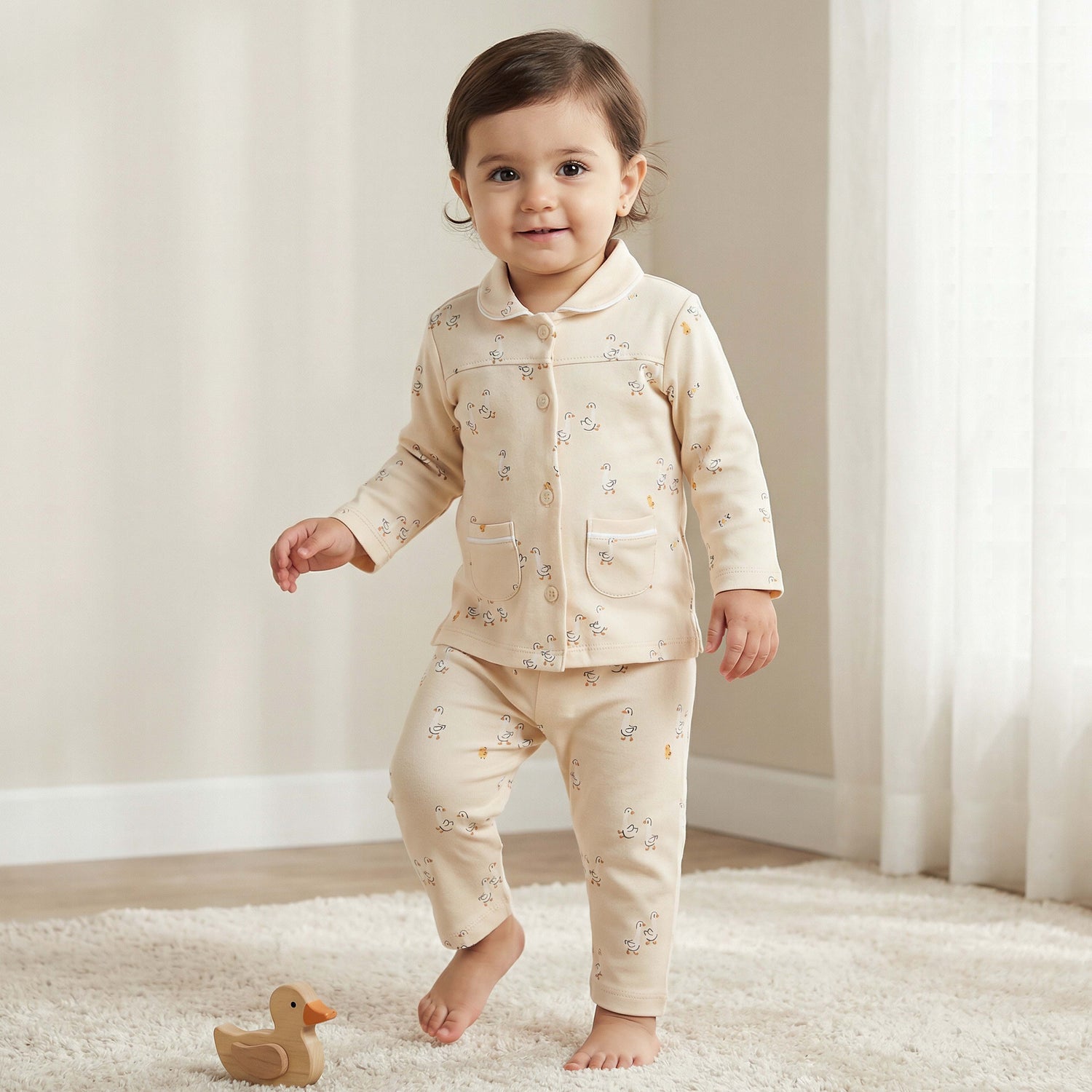 Juniors Cotton Collared Long Sleeves Pyjama Set with Duck Print - Yellow / 18-24 mths