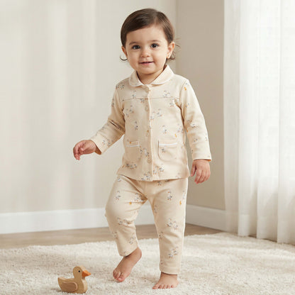 Juniors Cotton Collared Long Sleeves Pyjama Set with Duck Print - Yellow / 18-24 mths