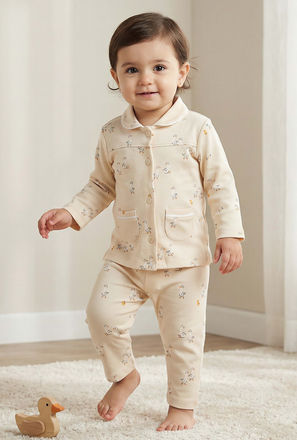 Juniors Cotton Collared Long Sleeves Pyjama Set with Duck Print