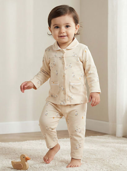 Juniors Cotton Collared Long Sleeves Pyjama Set with Duck Print-baby-girls-clothing-nightwear-pyjamasets-image-1