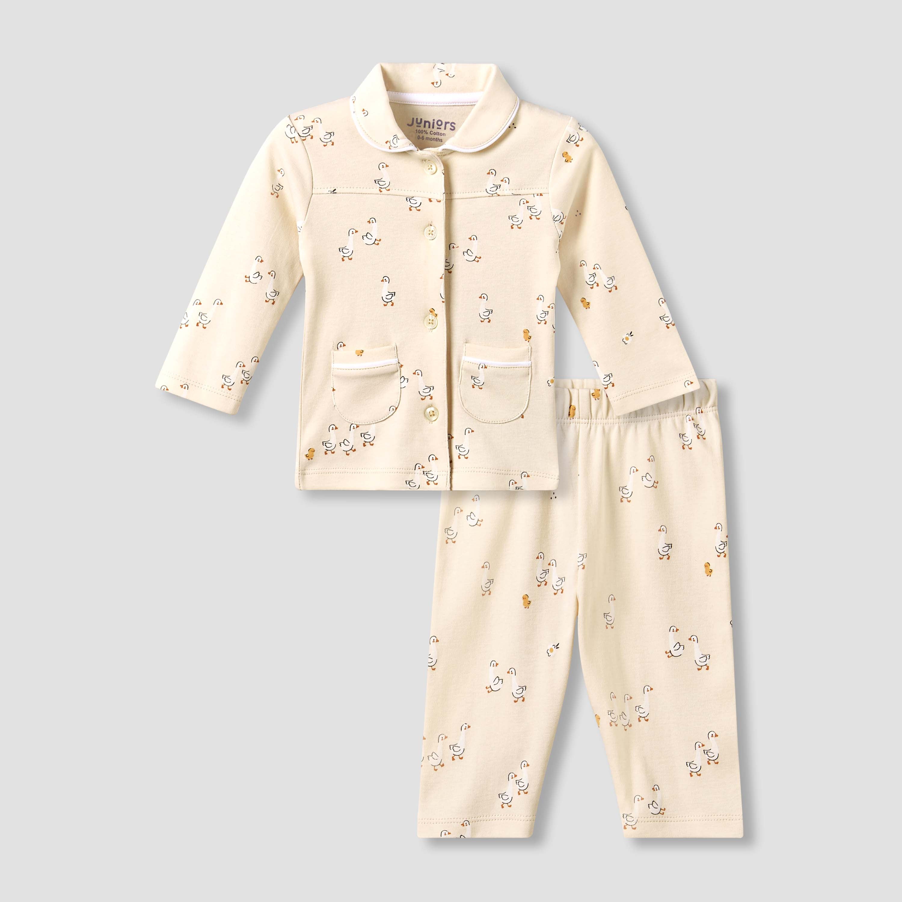 Juniors Cotton Collared Long Sleeves Pyjama Set with Duck Print