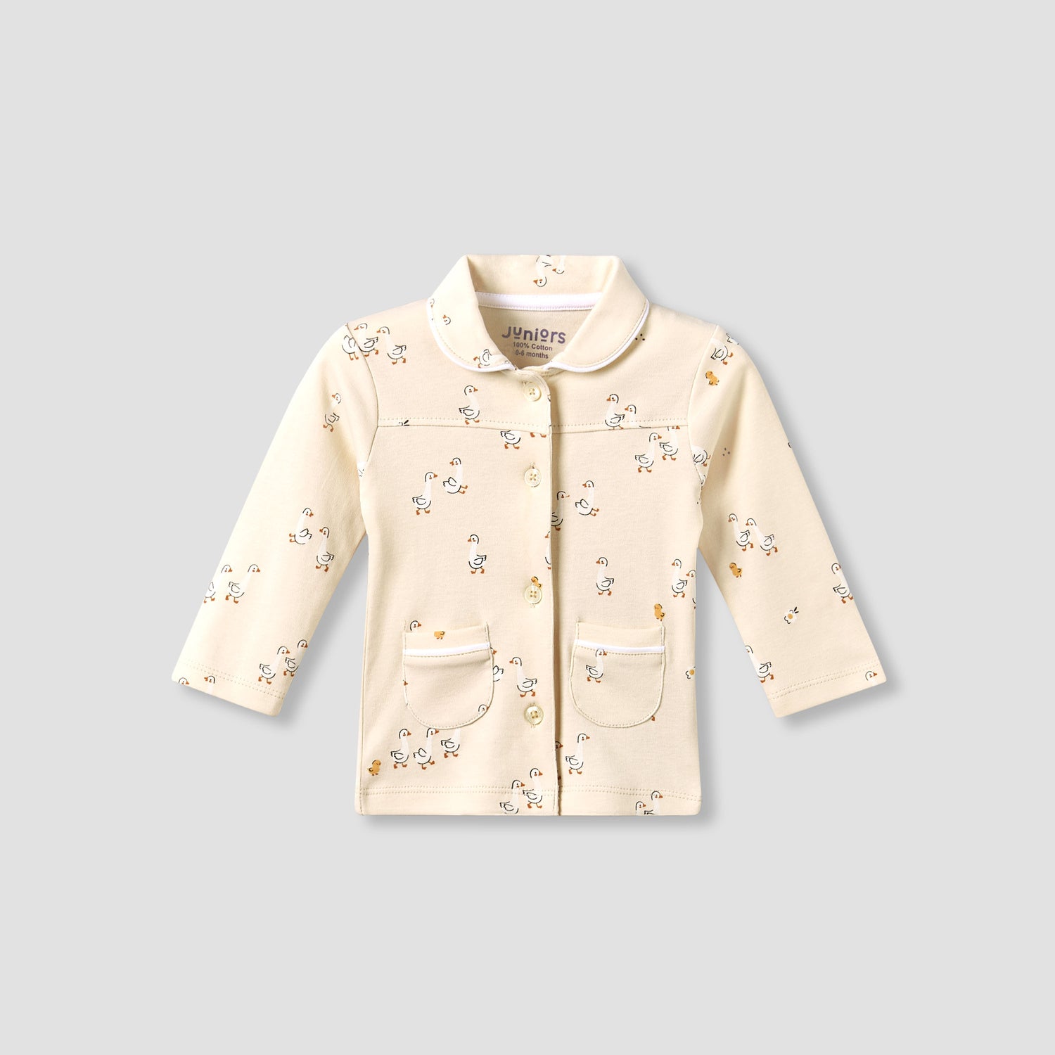 Juniors Cotton Collared Long Sleeves Pyjama Set with Duck Print