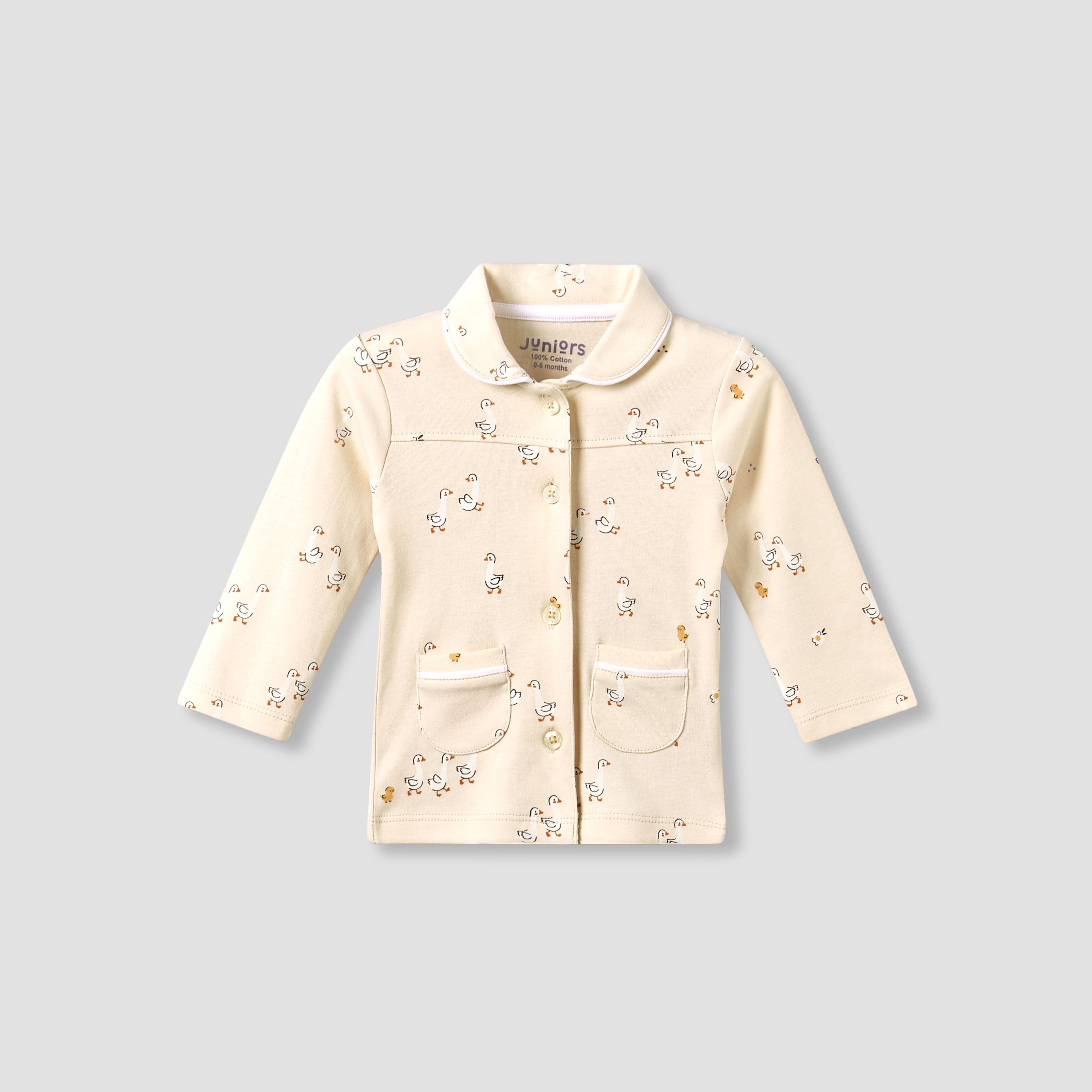 Juniors Cotton Collared Long Sleeves Pyjama Set with Duck Print