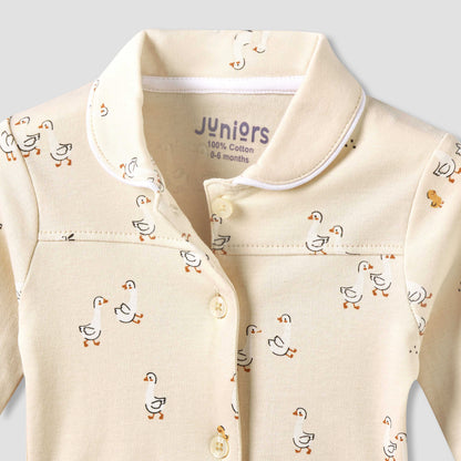 Juniors Cotton Collared Long Sleeves Pyjama Set with Duck Print