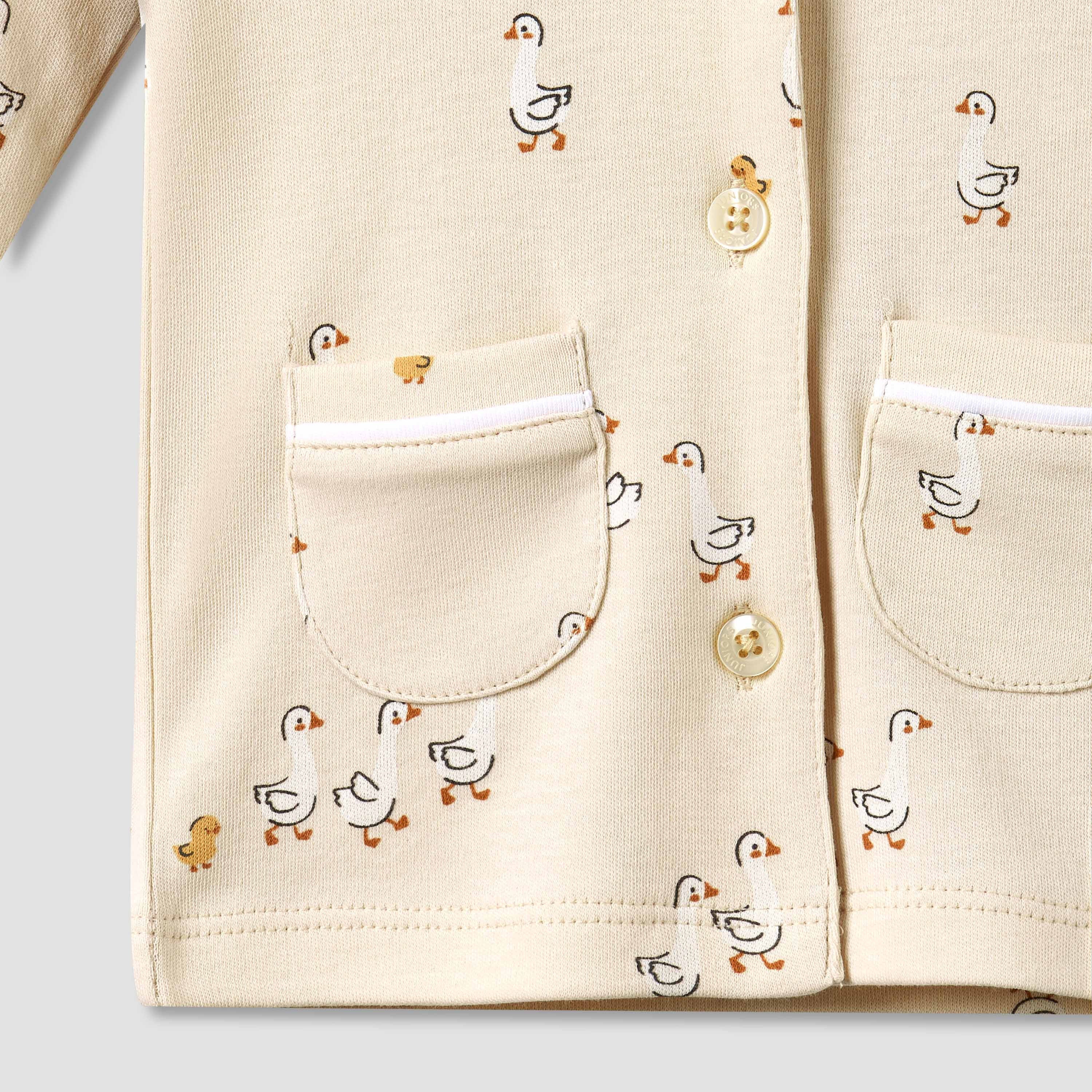 Juniors Cotton Collared Long Sleeves Pyjama Set with Duck Print