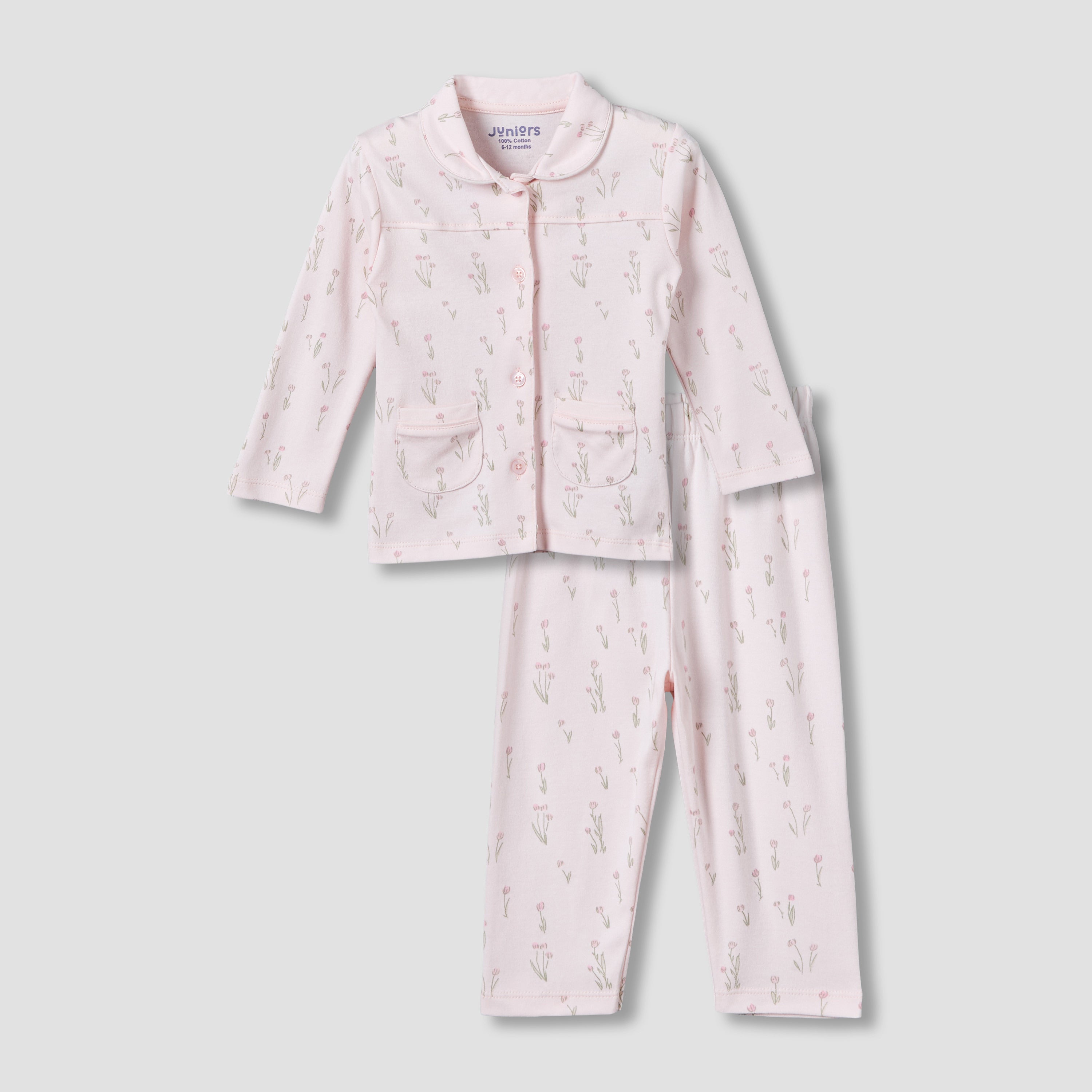 Juniors Cotton Collared Long Sleeves Pyjama Set with Floral Print - Pink / 12-18 mths