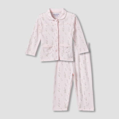 Juniors Cotton Collared Long Sleeves Pyjama Set with Floral Print - Pink / 12-18 mths