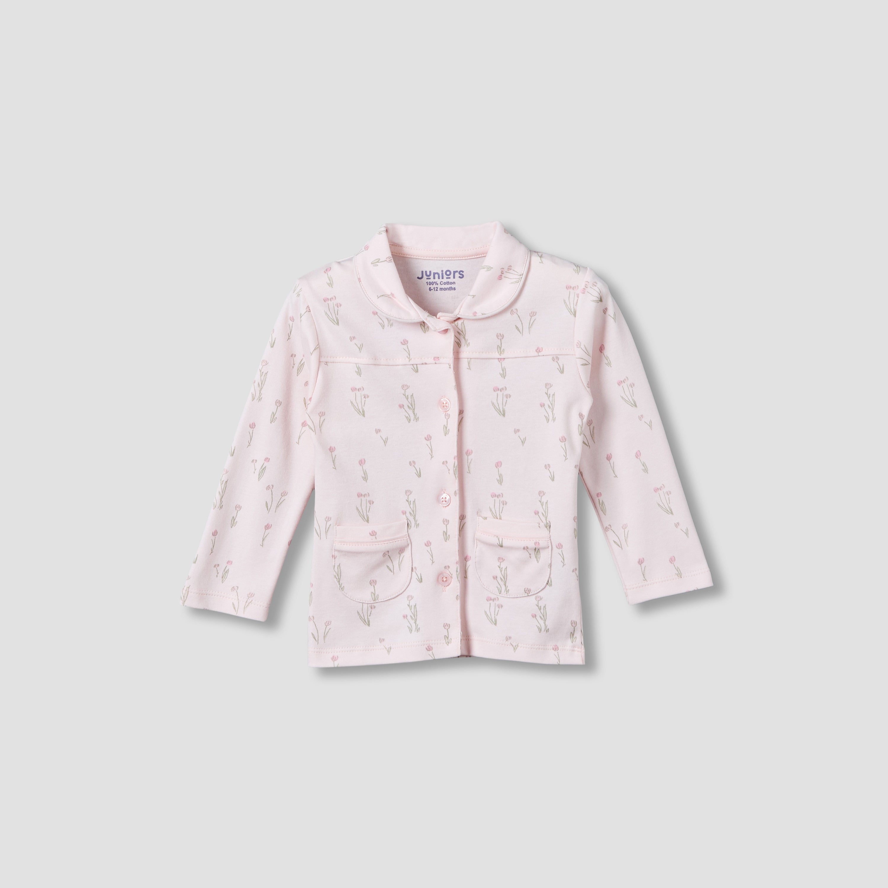 Juniors Cotton Collared Long Sleeves Pyjama Set with Floral Print