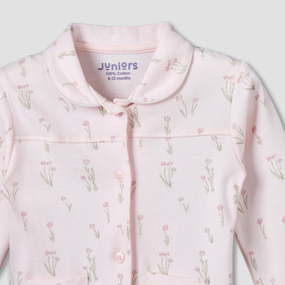Juniors Cotton Collared Long Sleeves Pyjama Set with Floral Print