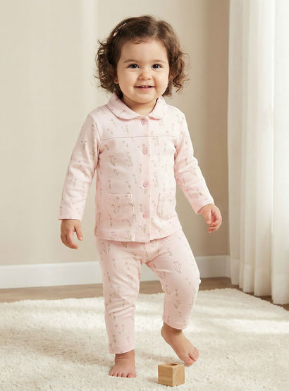 Juniors Cotton Collared Long Sleeves Pyjama Set with Floral Print-baby-girls-clothing-nightwear-pyjamasets-image-1