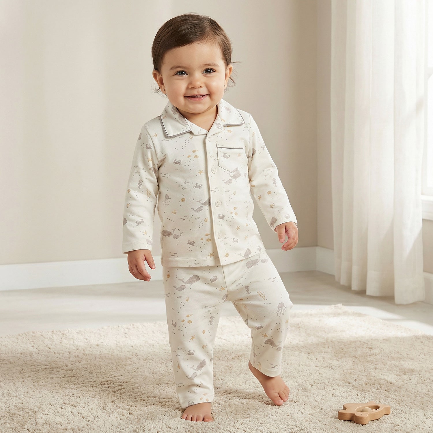 Juniors Cotton Collared Long Sleeves Pyjama Set with Underwater Print - Cream / 12-18 mths