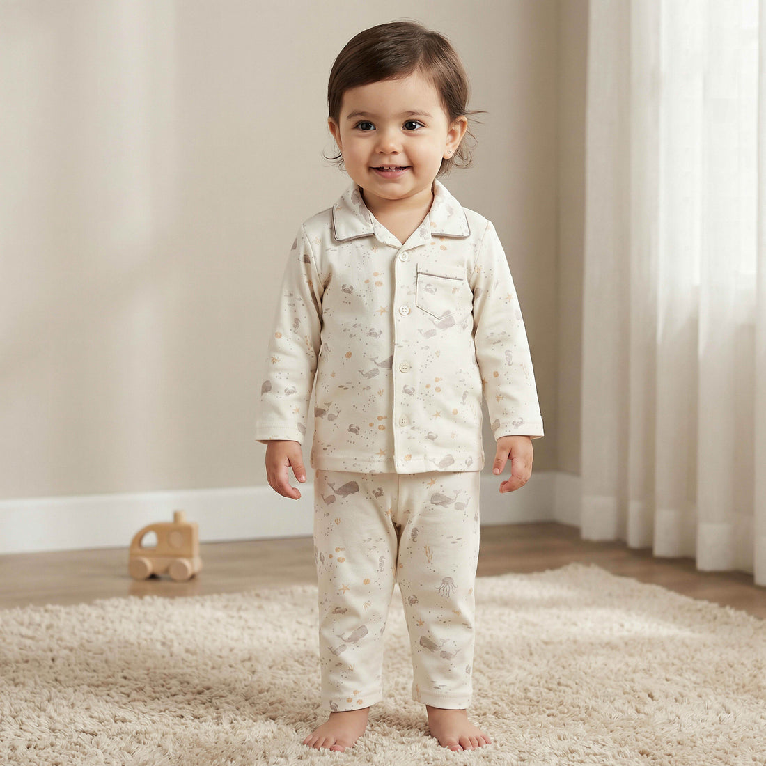 Juniors Cotton Collared Long Sleeves Pyjama Set with Underwater Print - Cream / 18-24 mths
